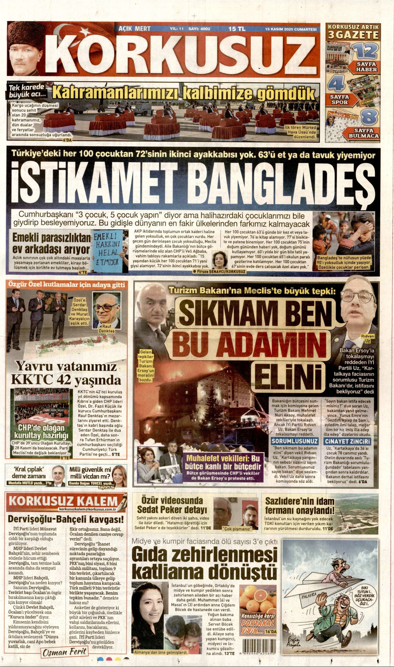 KORKUSUZ gazetesinin 15 Kasım 2025 tarihli birinci sayfası