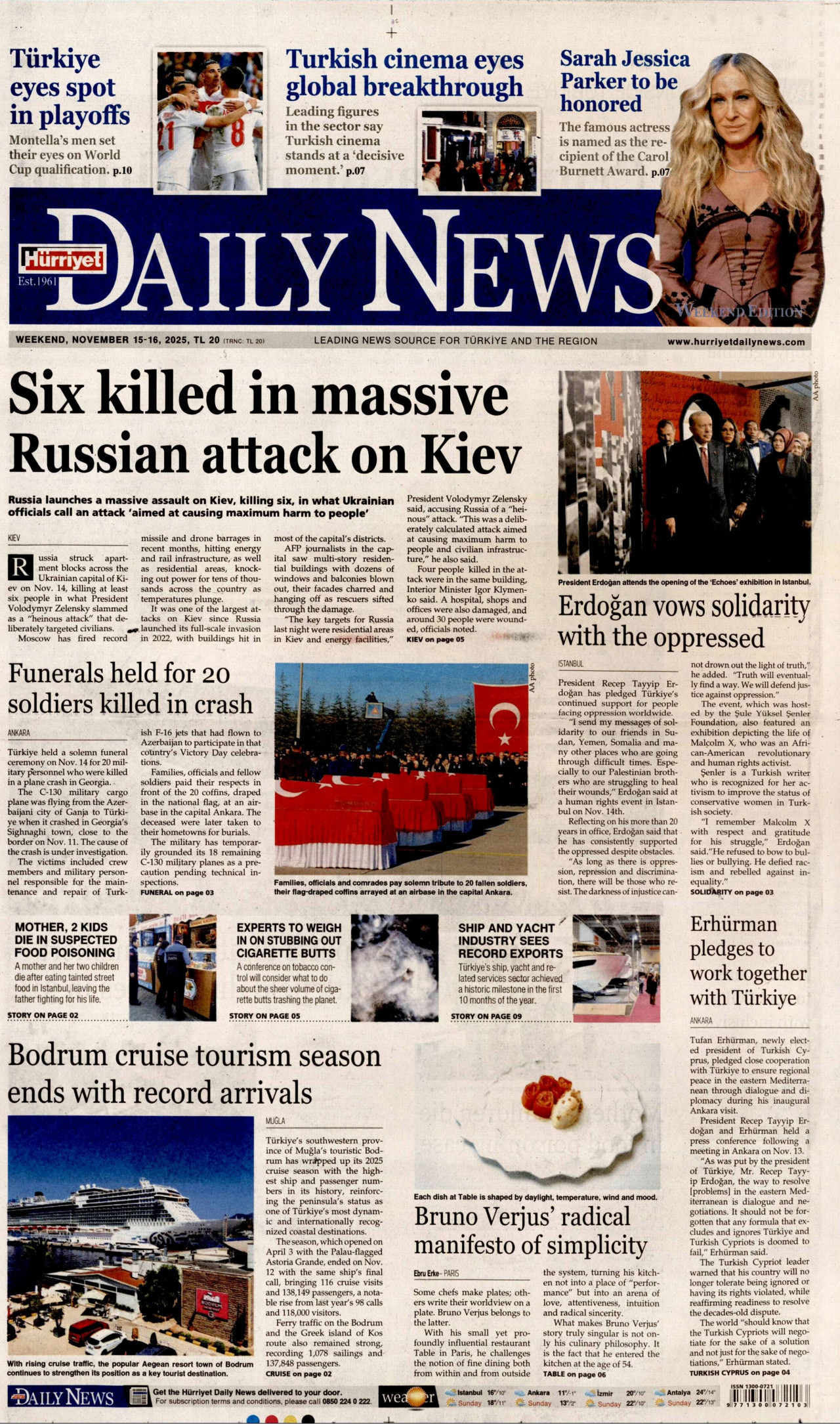 HÜRRİYET DAİLY NEWS gazetesinin 15 Kasım 2025 tarihli birinci sayfası