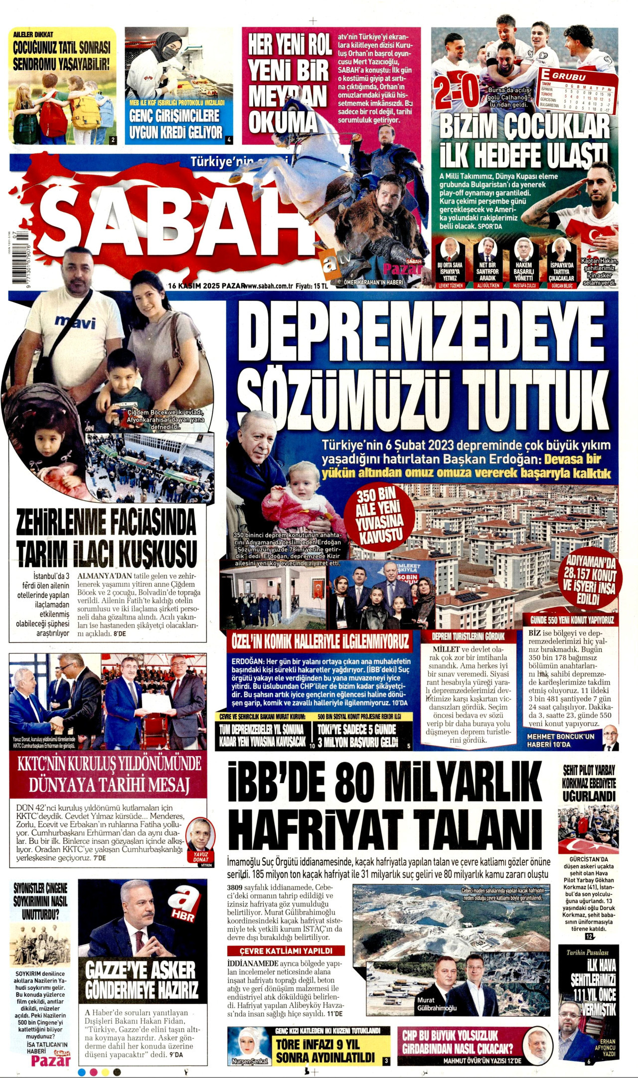 SABAH gazetesinin 16 Kasım 2025 tarihli birinci sayfası