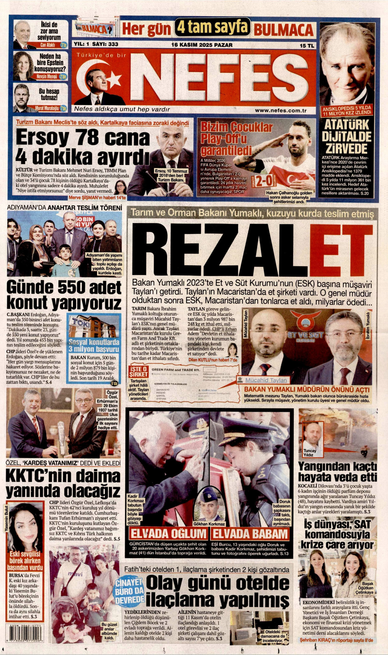 NEFES gazetesinin 16 Kasım 2025 tarihli birinci sayfası