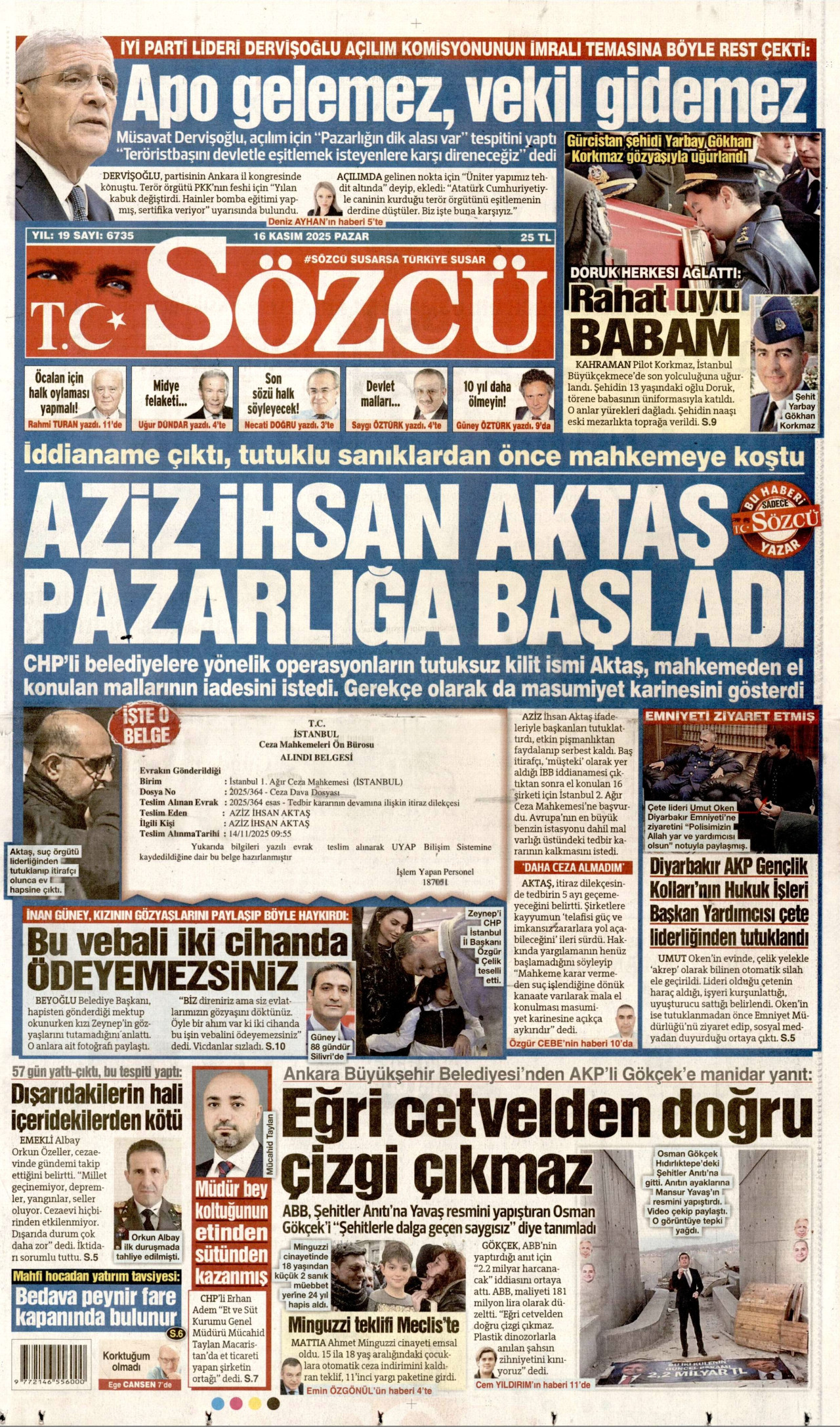 SÖZCÜ gazetesinin 16 Kasım 2025 tarihli birinci sayfası