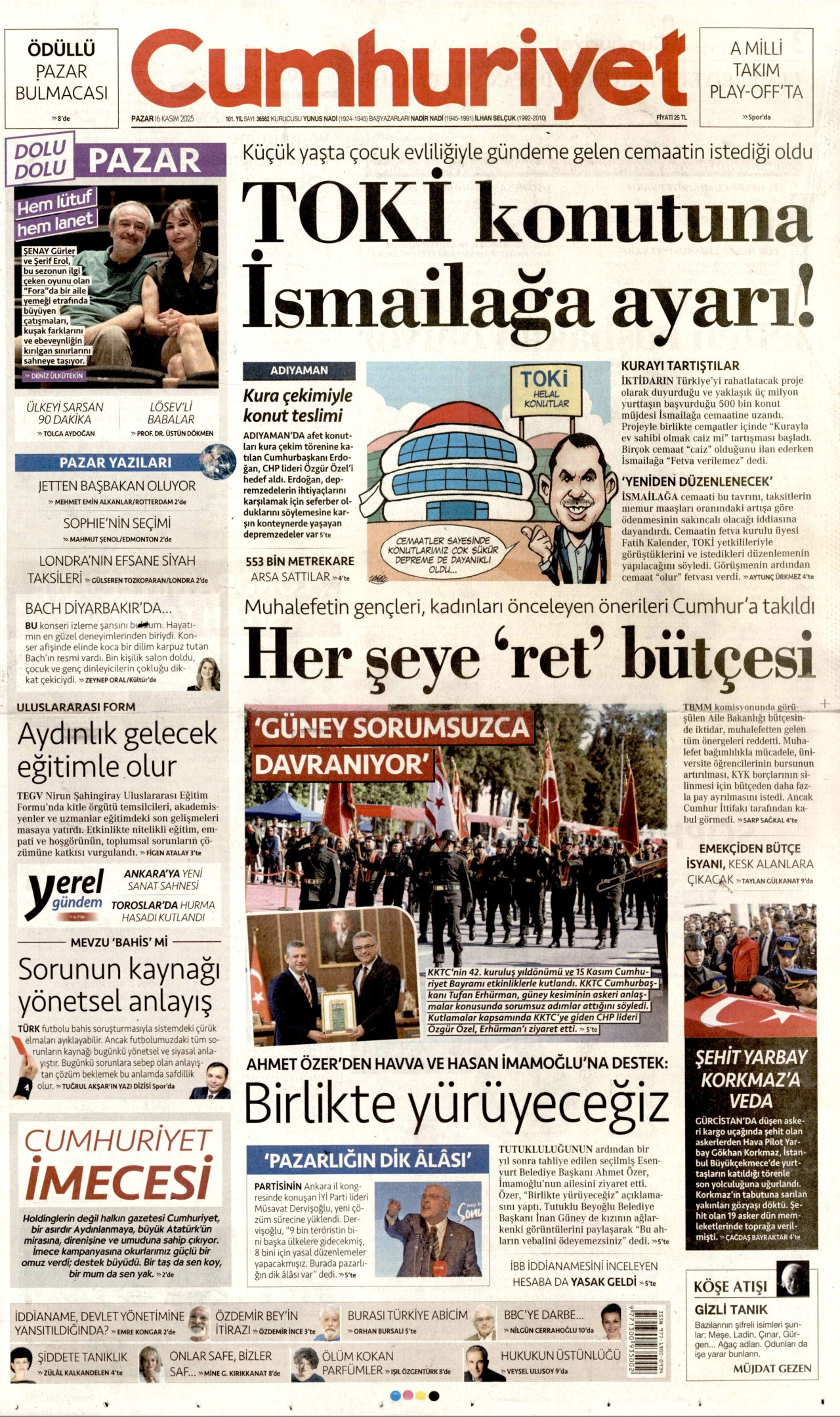 CUMHURİYET gazetesinin 16 Kasım 2025 tarihli birinci sayfası