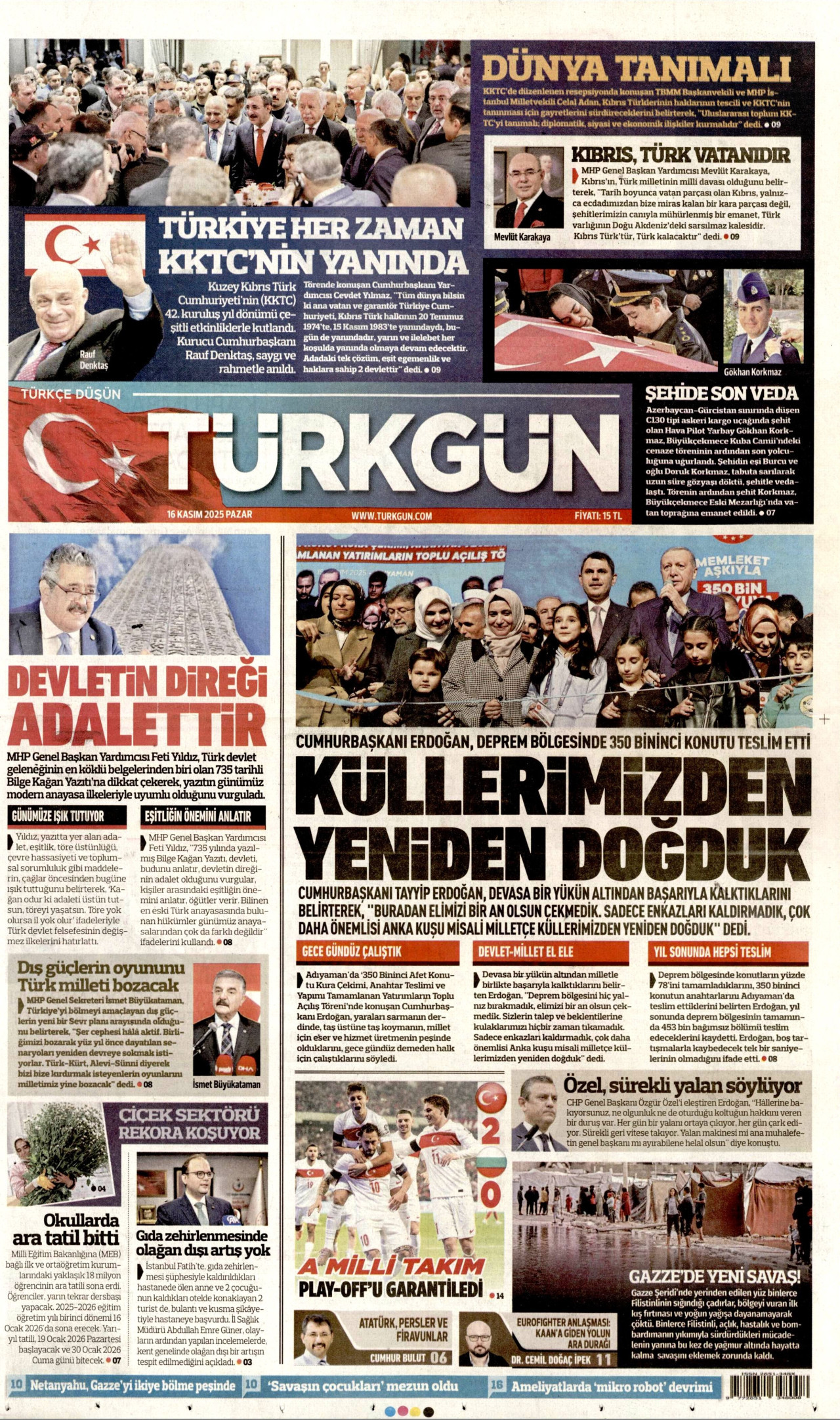 TÜRKGÜN gazetesinin 16 Kasım 2025 tarihli birinci sayfası