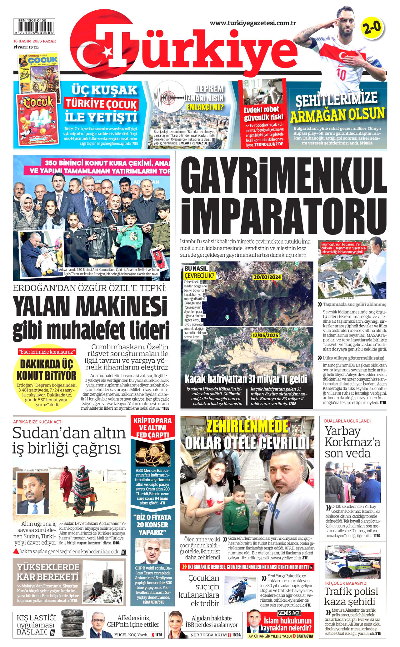 TÜRKİYE GAZETESİ gazetesinin 16 Kasım 2025 tarihli birinci sayfası