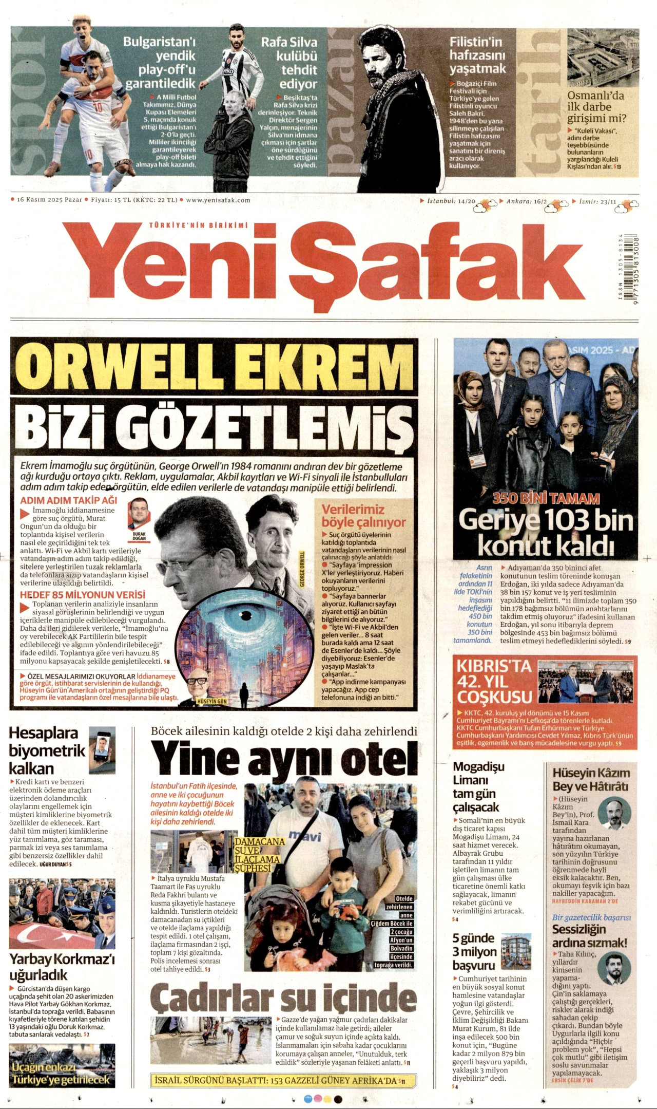 YENİ ŞAFAK gazetesinin 16 Kasım 2025 tarihli birinci sayfası