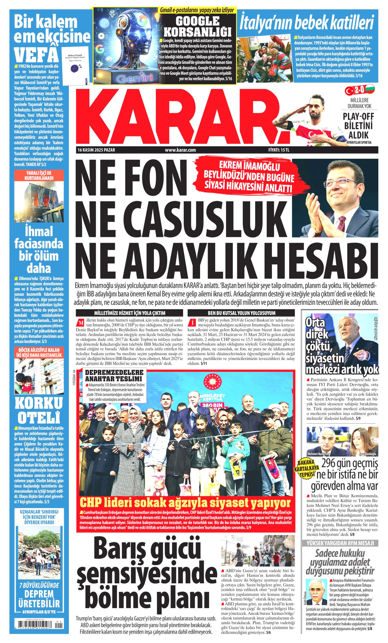 KARAR gazetesinin 16 Kasım 2025 tarihli birinci sayfası