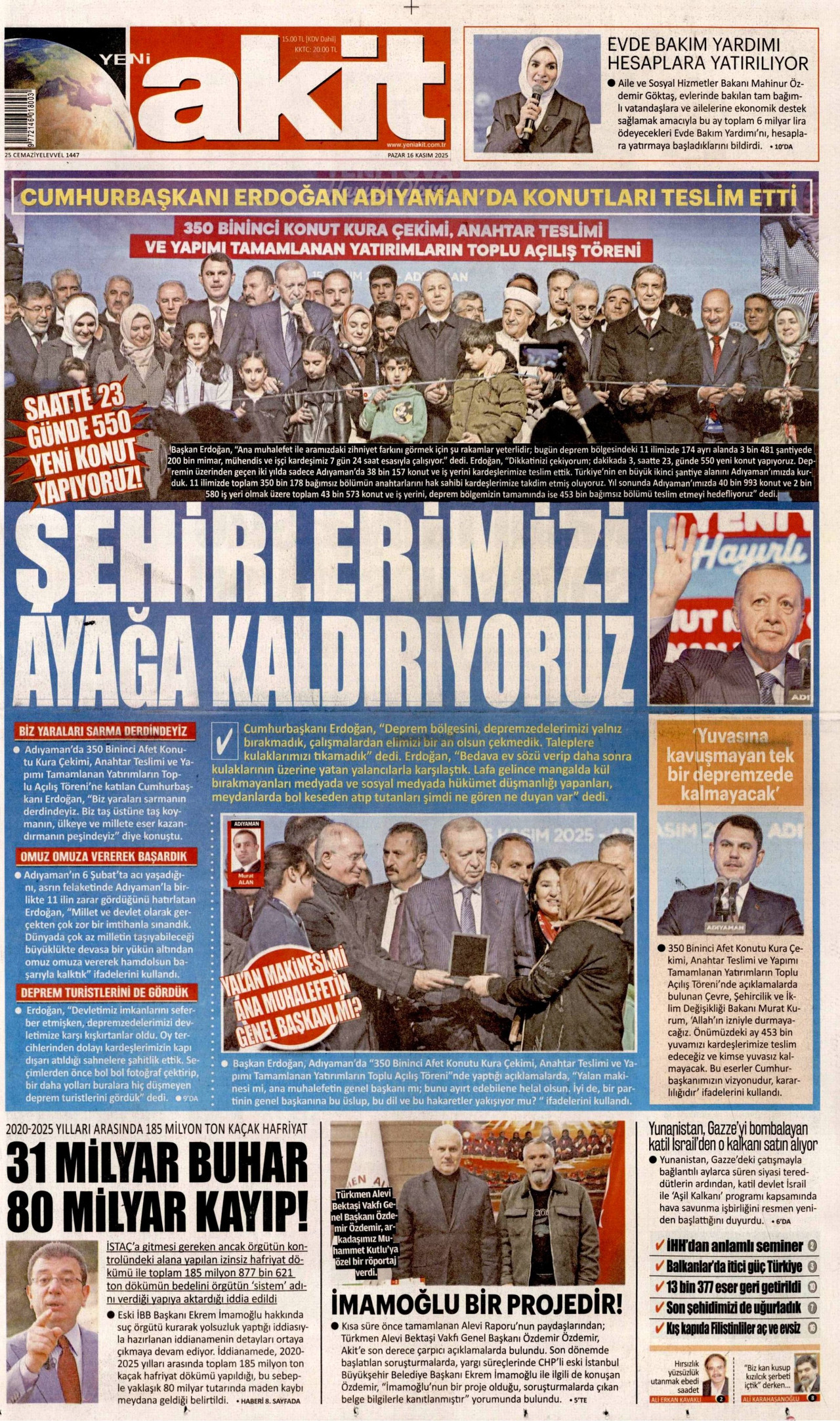 YENİ AKİT gazetesinin 16 Kasım 2025 tarihli birinci sayfası