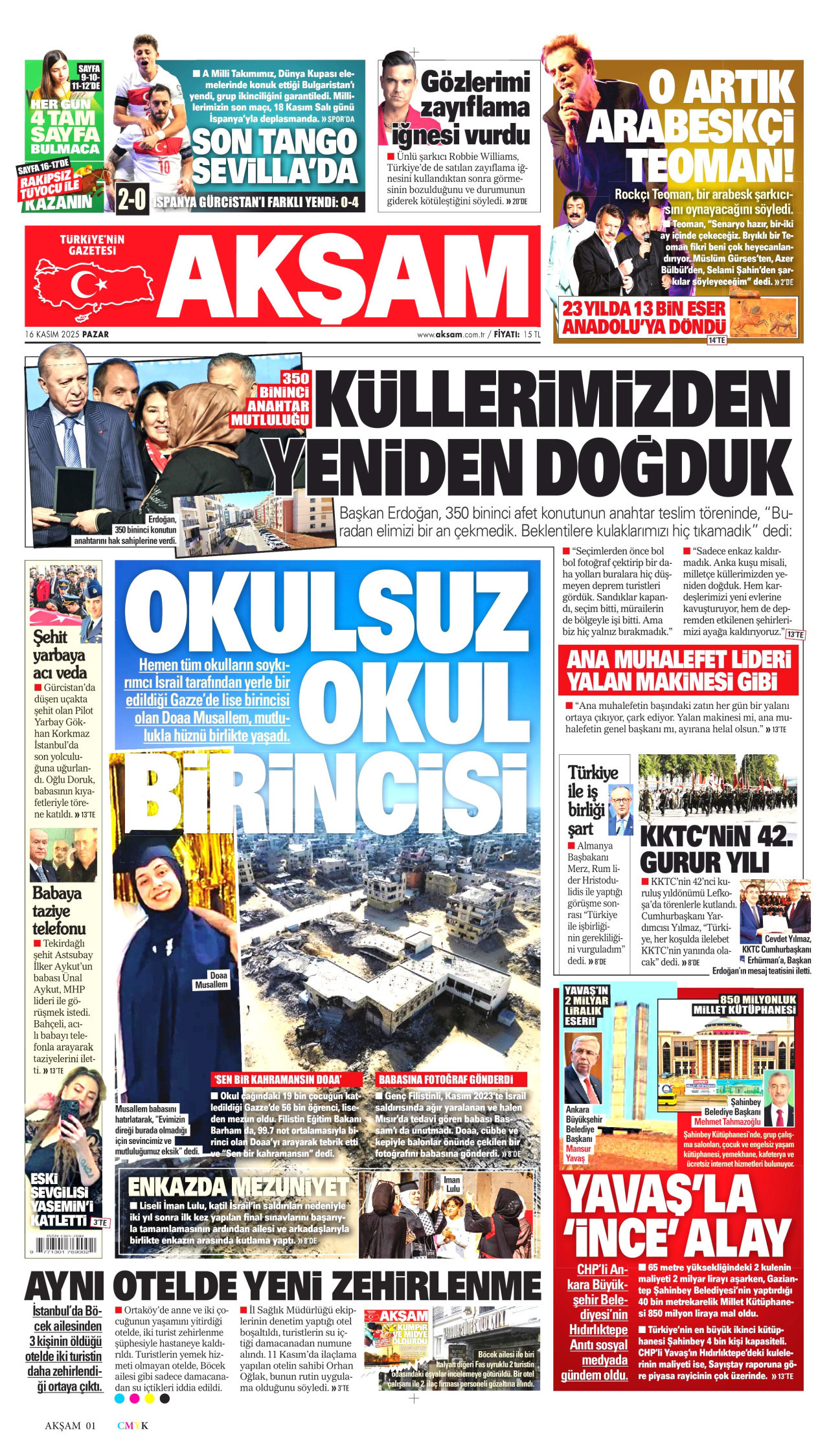 AKŞAM gazetesinin 16 Kasım 2025 tarihli birinci sayfası