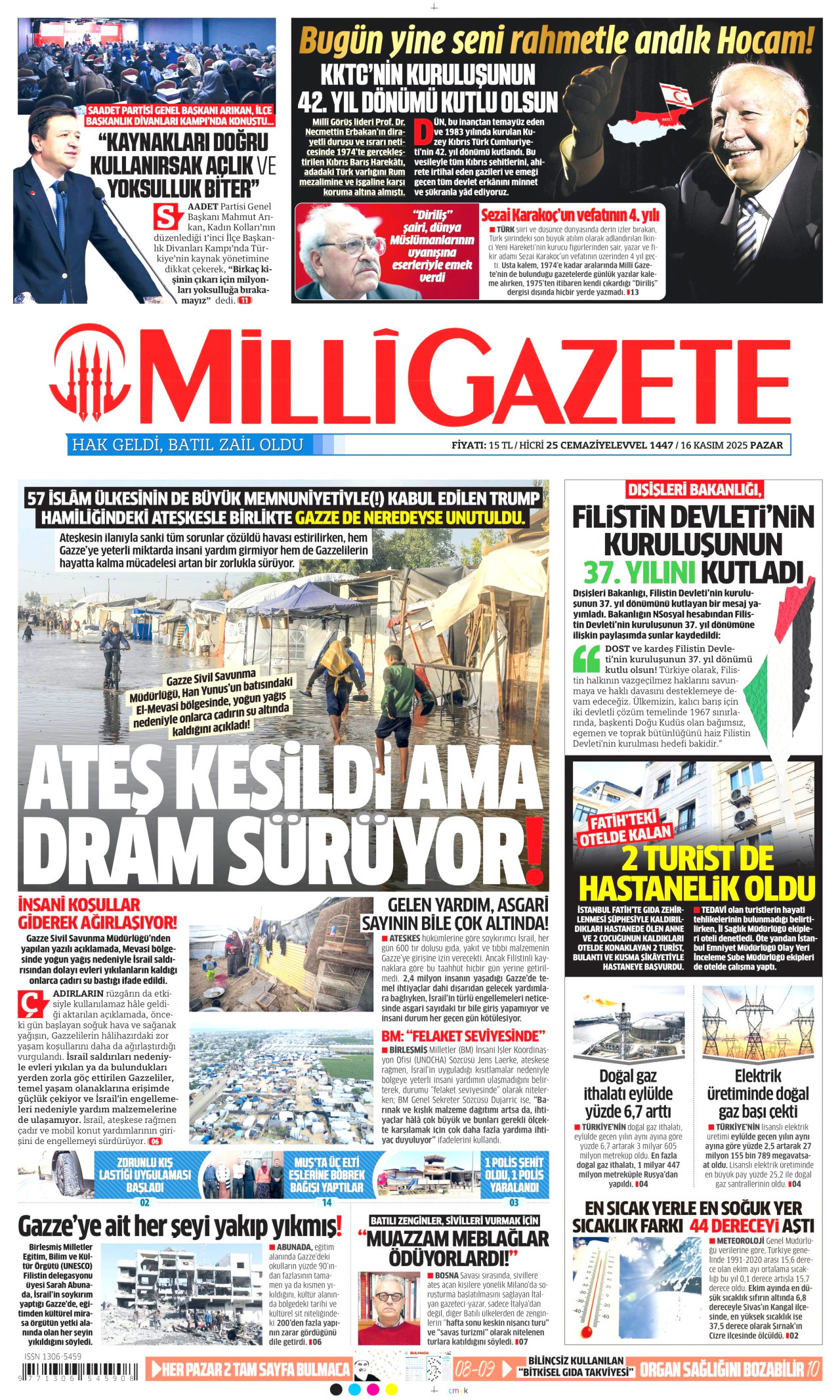 MİLLİ GAZETE gazetesinin 16 Kasım 2025 tarihli birinci sayfası