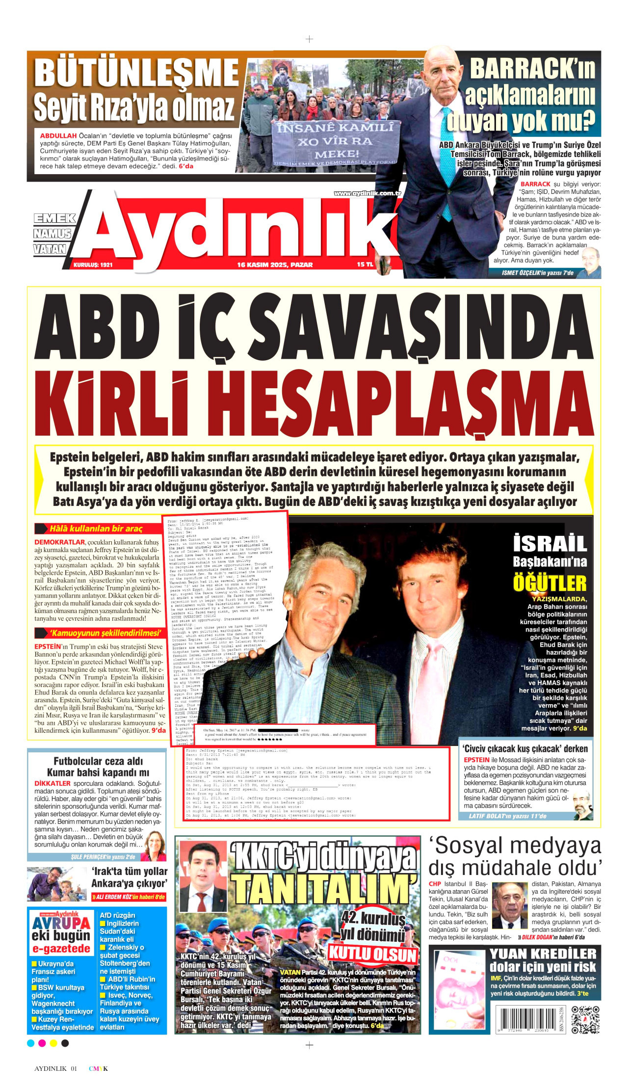 AYDINLIK GAZETESİ gazetesinin 16 Kasım 2025 tarihli birinci sayfası