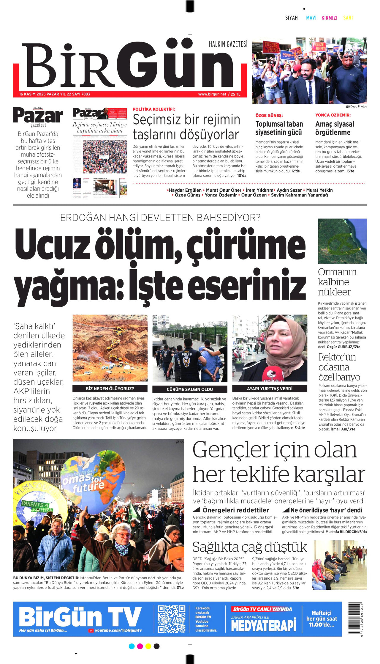 BİRGÜN gazetesinin 16 Kasım 2025 tarihli birinci sayfası