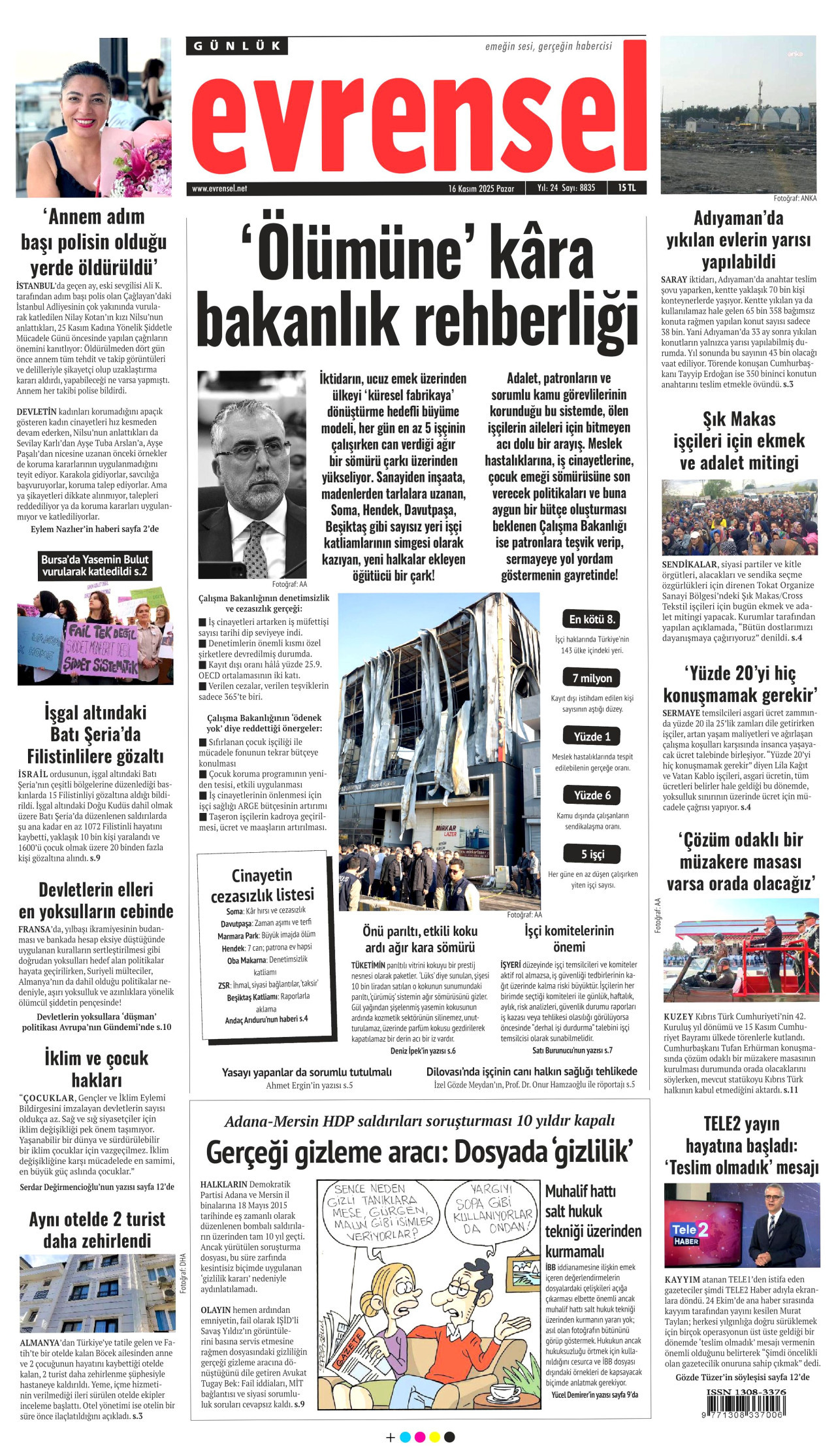 EVRENSEL gazetesinin 16 Kasım 2025 tarihli birinci sayfası