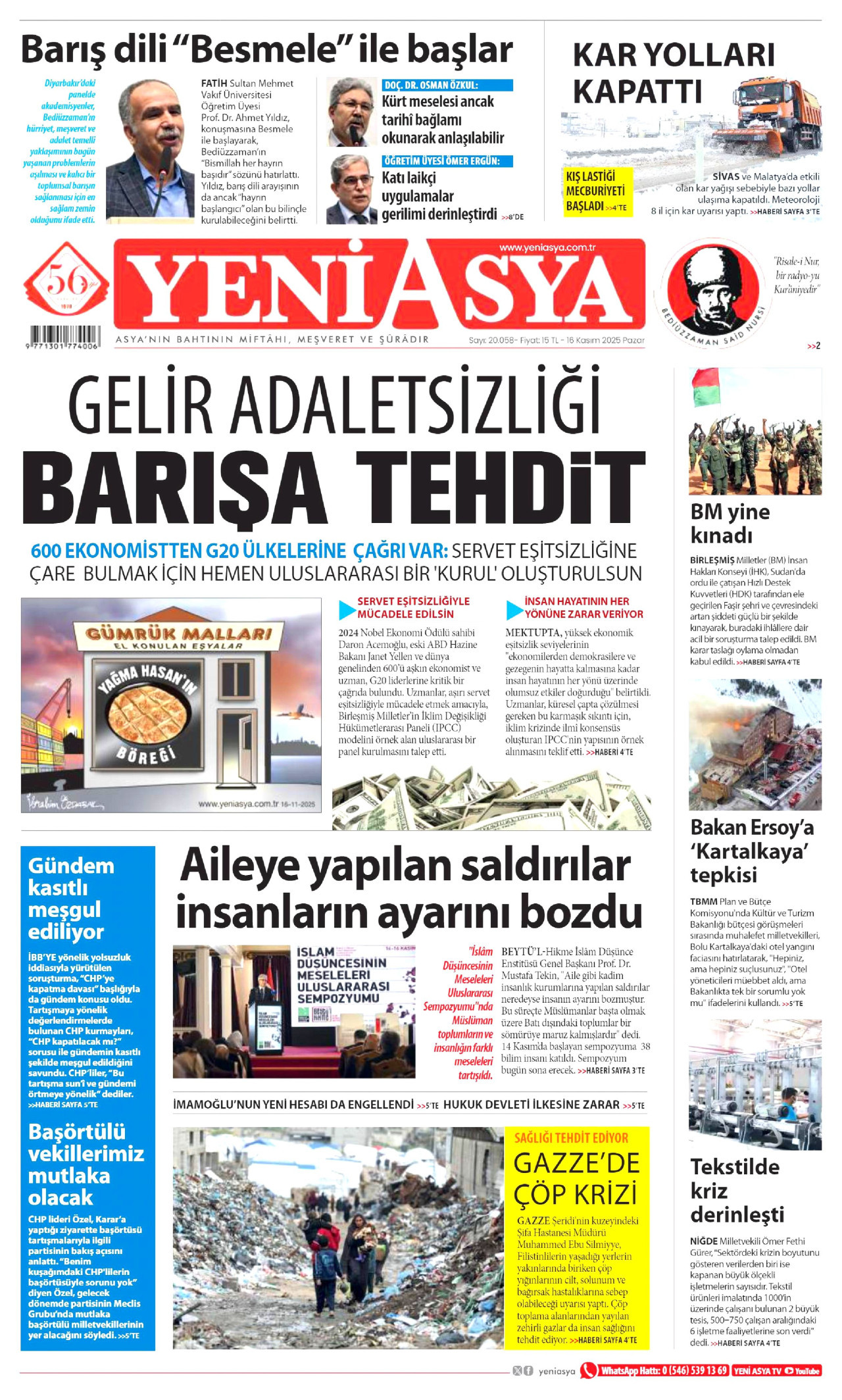 YENİ ASYA gazetesinin 16 Kasım 2025 tarihli birinci sayfası