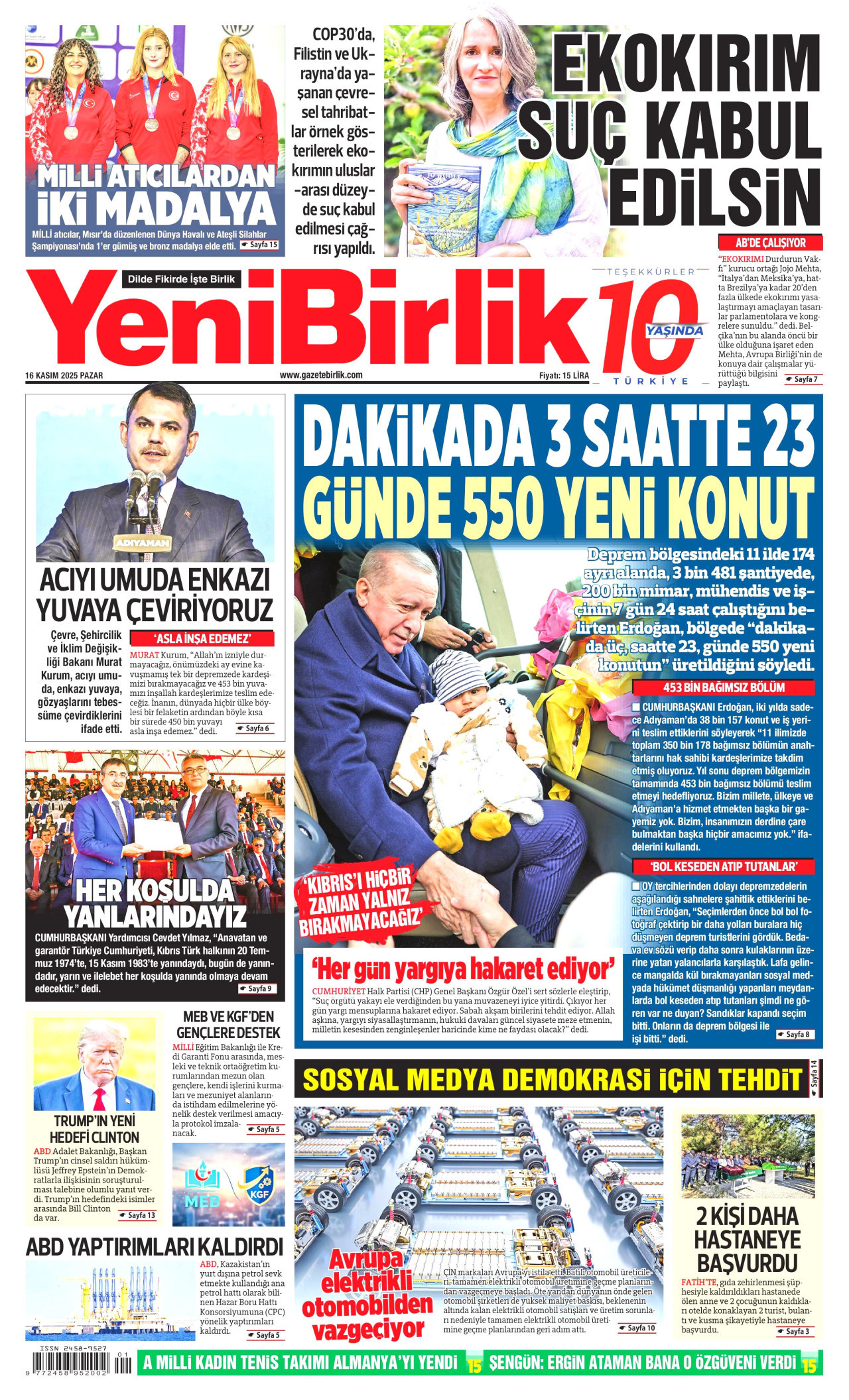 YENİBİRLİK gazetesinin 16 Kasım 2025 tarihli birinci sayfası