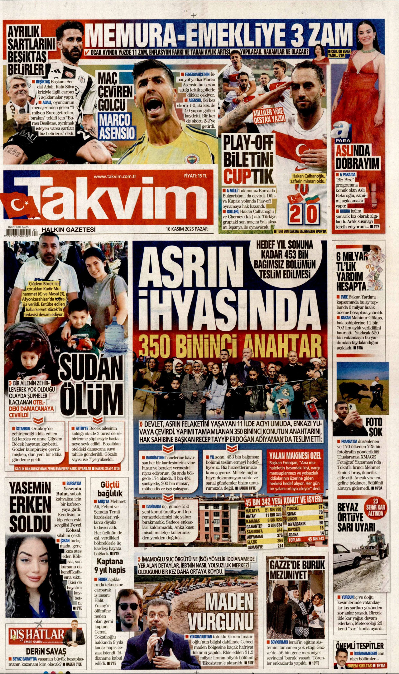 TAKVİM gazetesinin 16 Kasım 2025 tarihli birinci sayfası