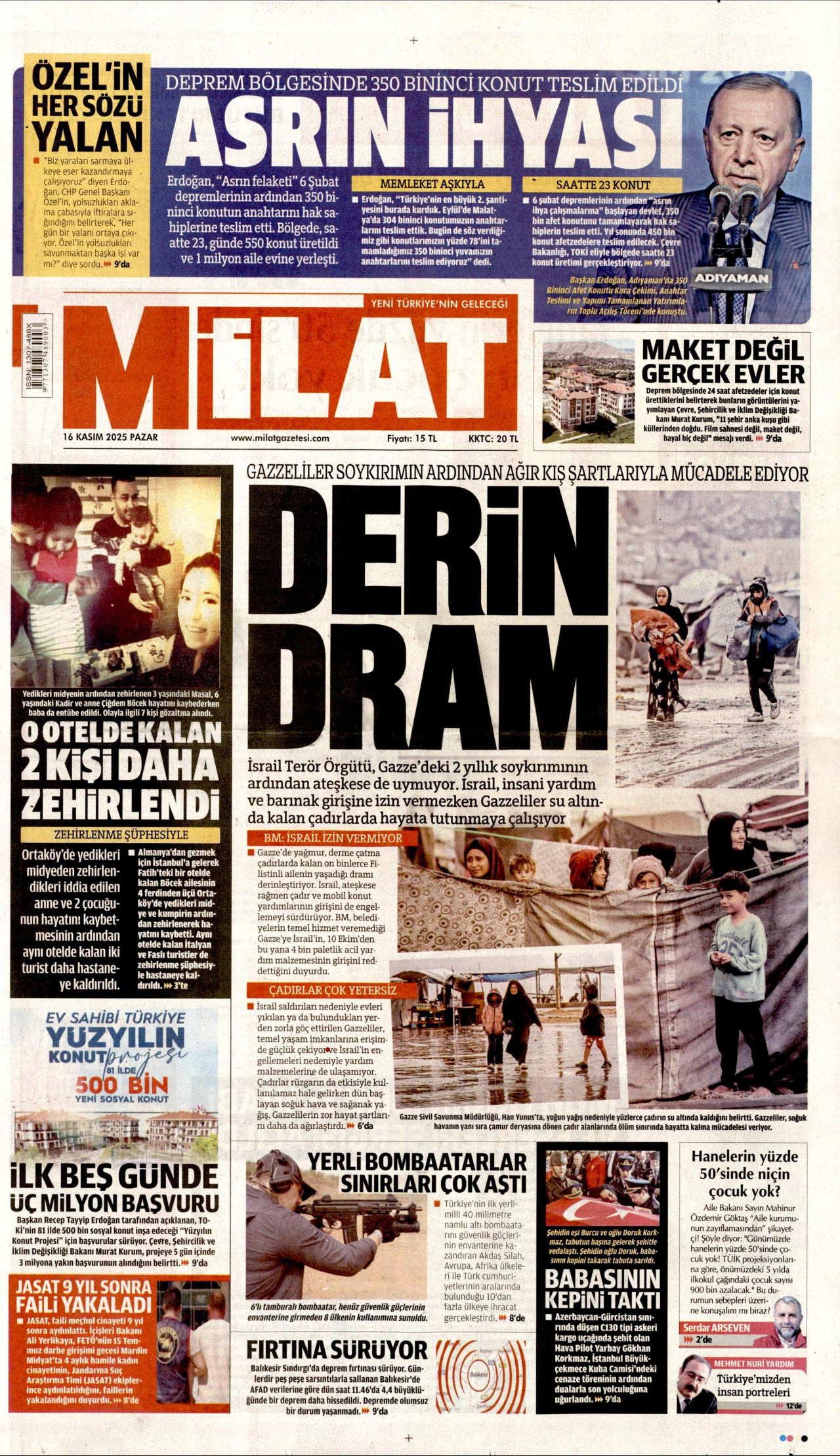 MİLAT gazetesinin 16 Kasım 2025 tarihli birinci sayfası
