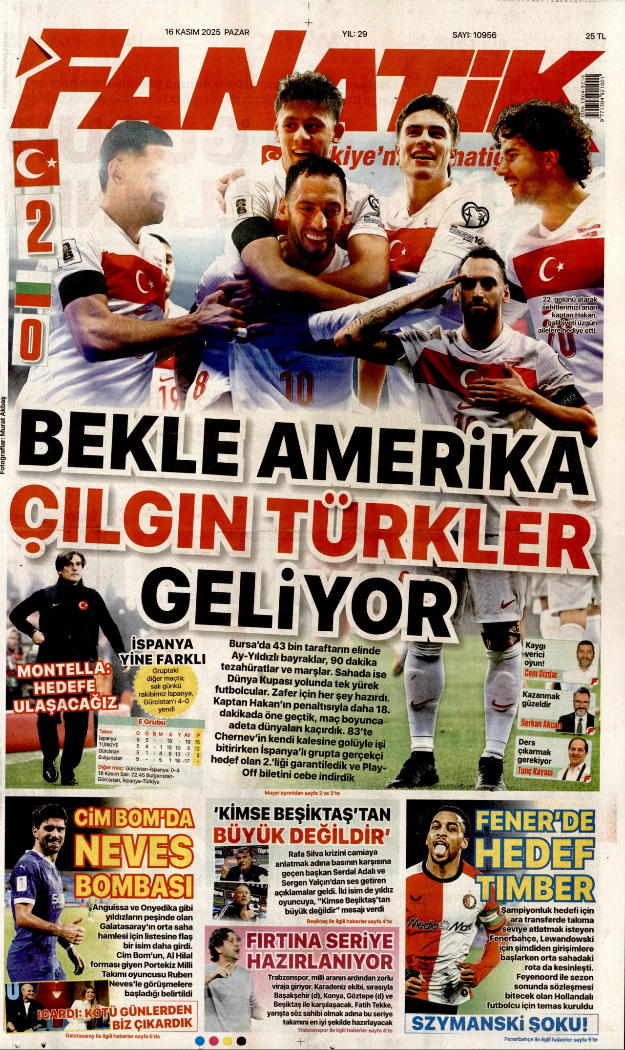 FANATİK gazetesinin 16 Kasım 2025 tarihli birinci sayfası