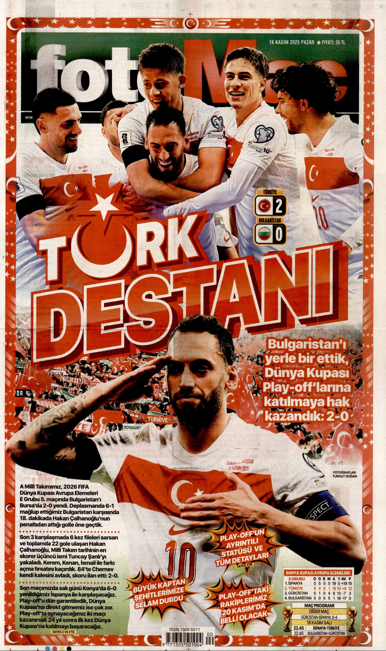 FOTOMAÇ gazetesinin 16 Kasım 2025 tarihli birinci sayfası
