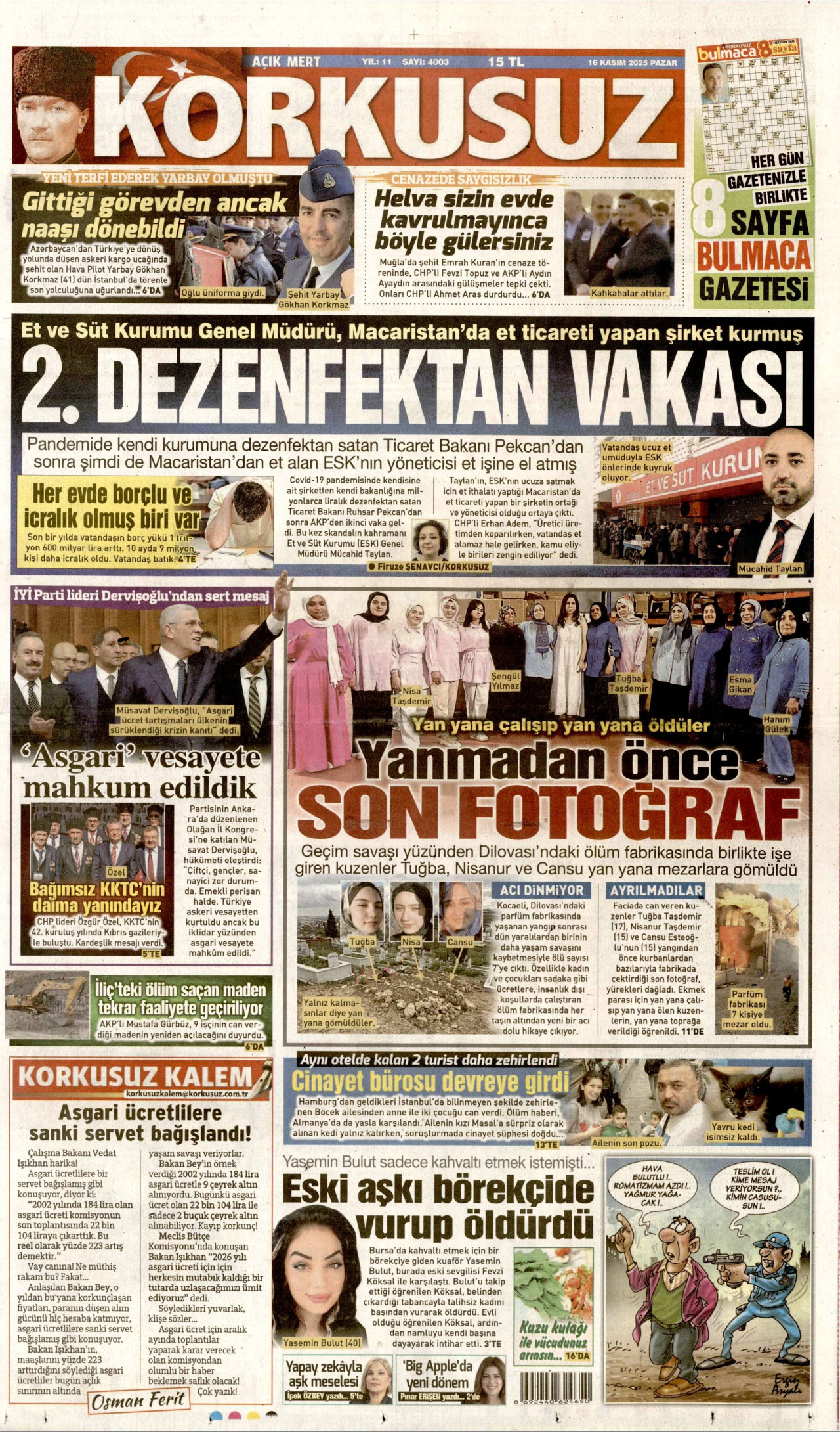 KORKUSUZ gazetesinin 16 Kasım 2025 tarihli birinci sayfası