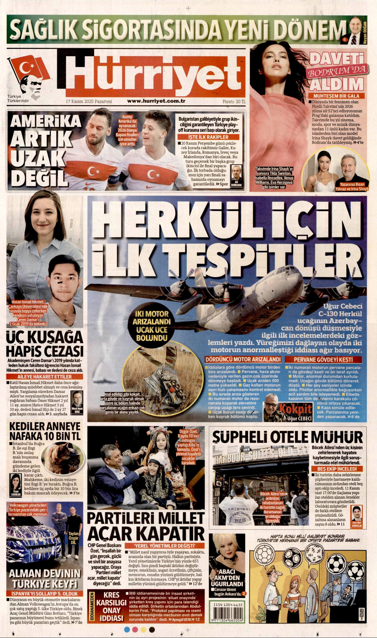 HÜRRİYET gazetesinin 17 Kasım 2025 tarihli birinci sayfası