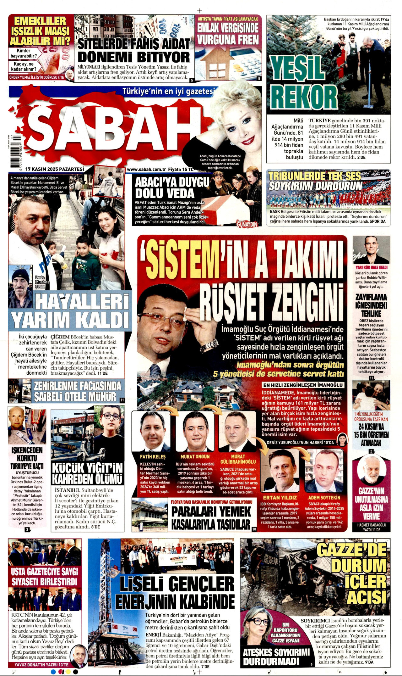 SABAH gazetesinin 17 Kasım 2025 tarihli birinci sayfası