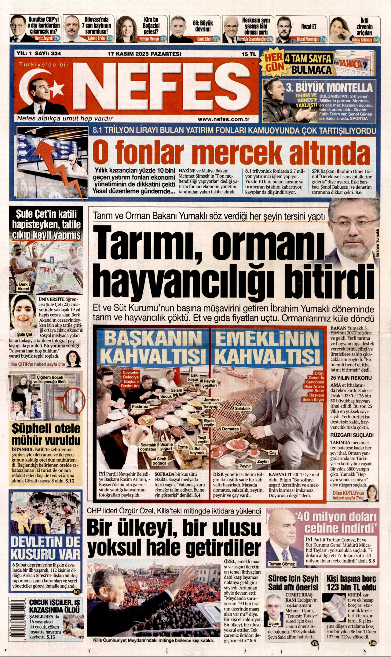 NEFES gazetesinin 17 Kasım 2025 tarihli birinci sayfası