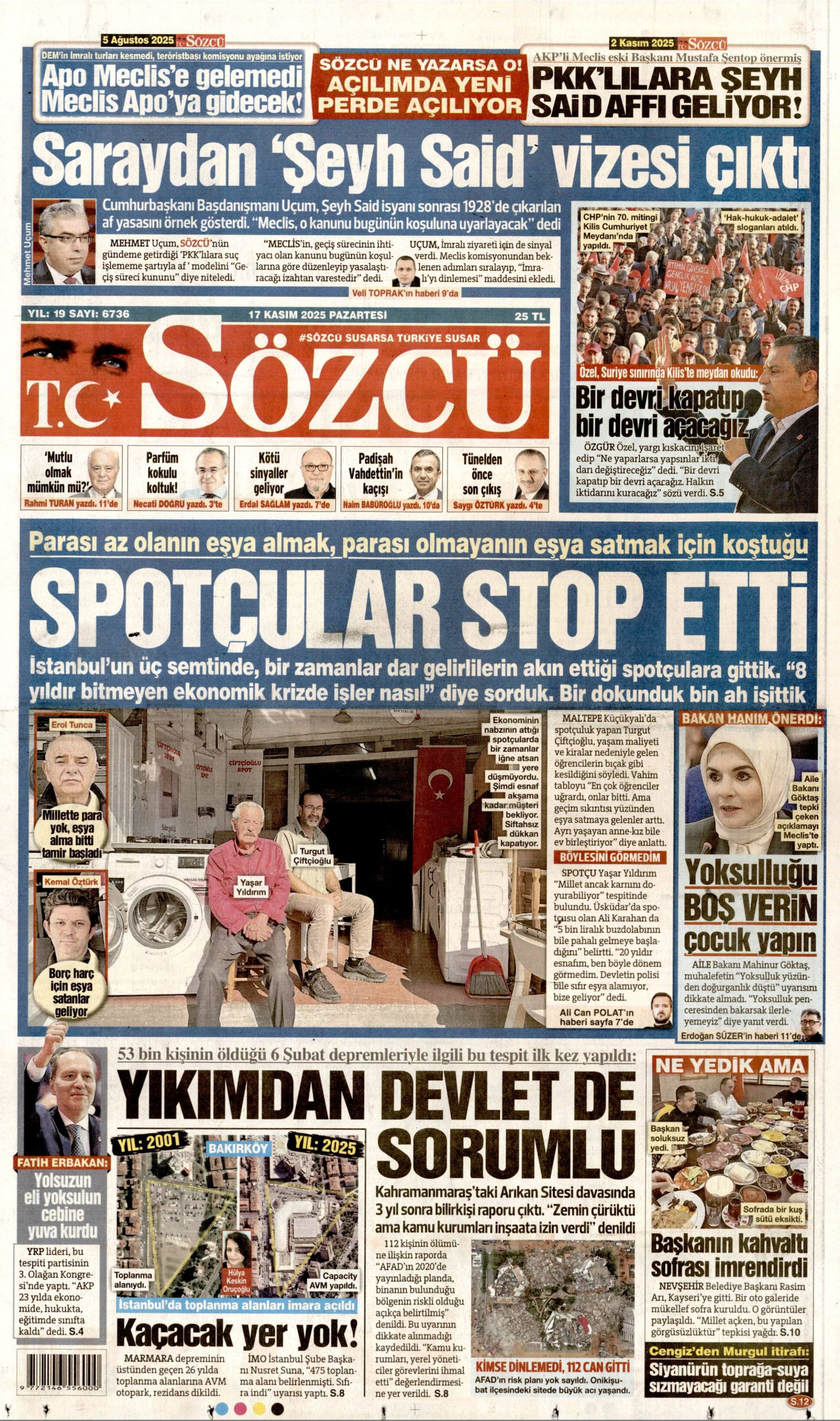 SÖZCÜ gazetesinin 17 Kasım 2025 tarihli birinci sayfası