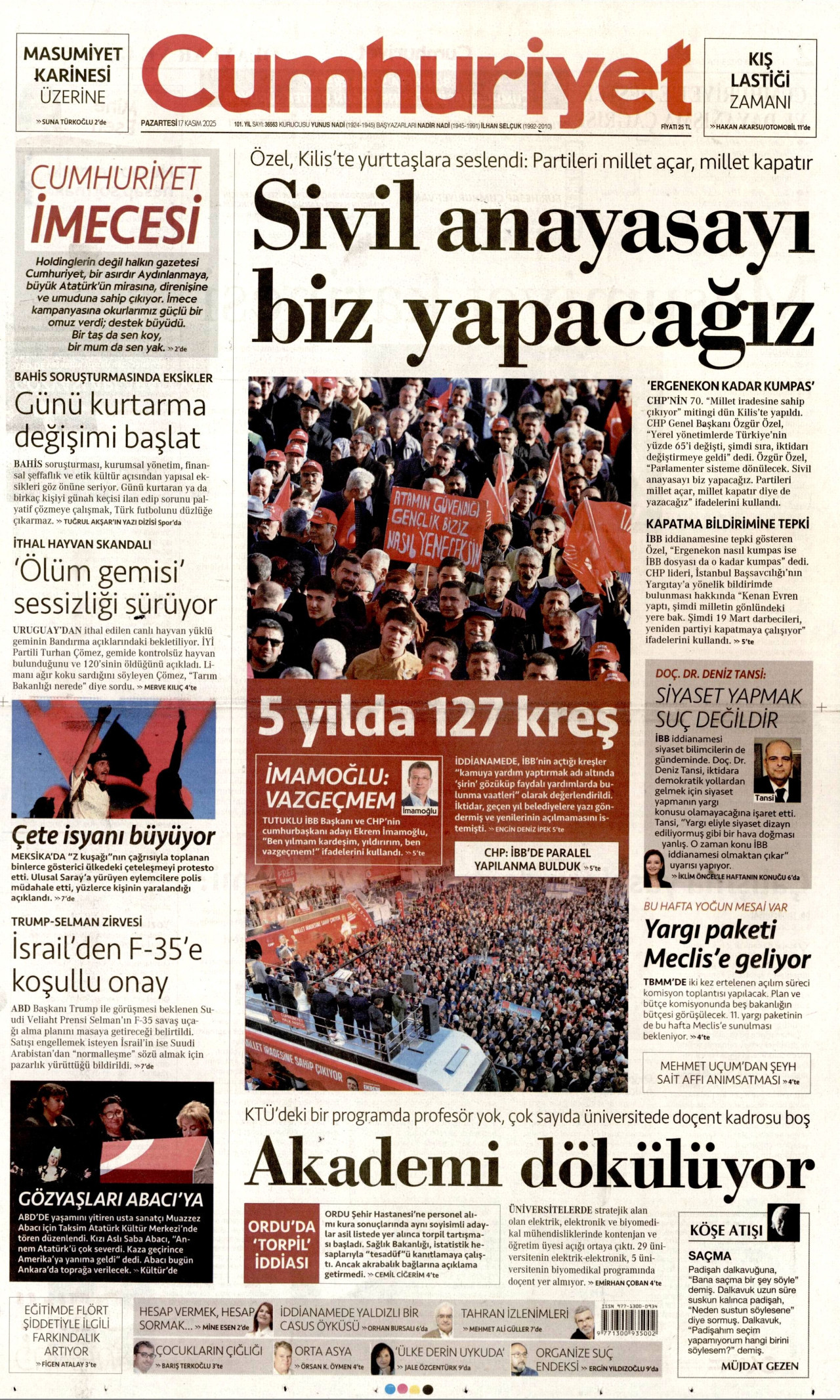 CUMHURİYET gazetesinin 17 Kasım 2025 tarihli birinci sayfası