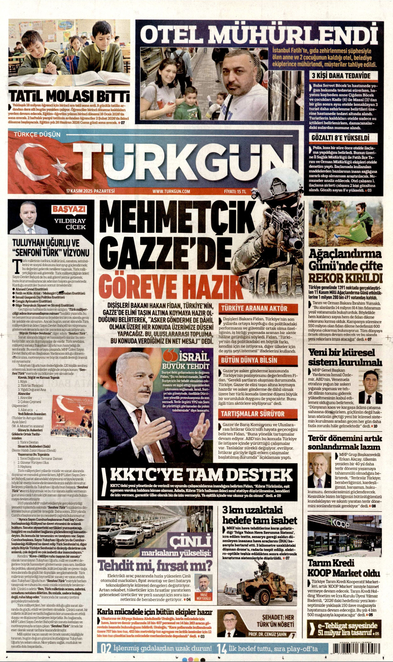 TÜRKGÜN gazetesinin 17 Kasım 2025 tarihli birinci sayfası