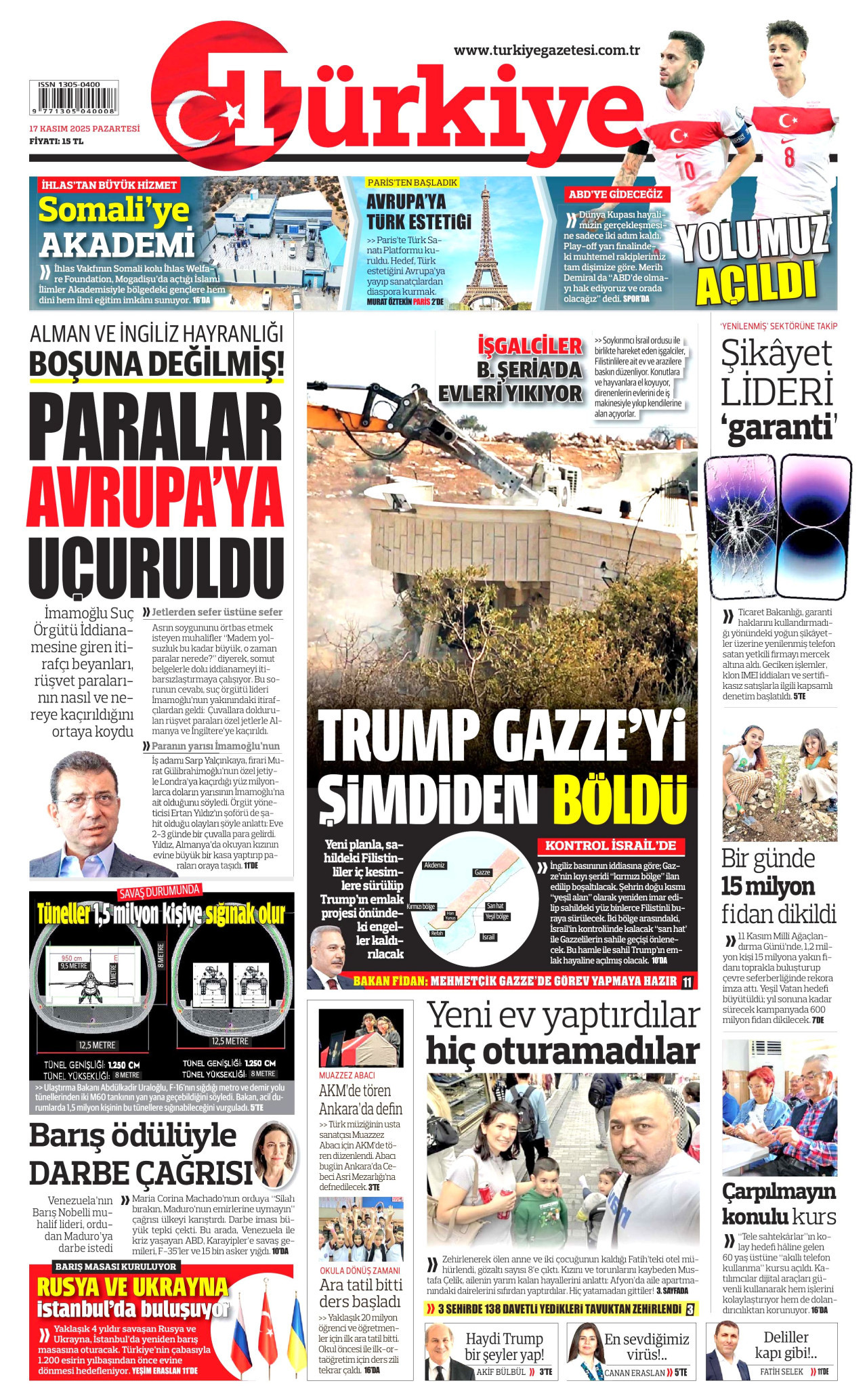 TÜRKİYE GAZETESİ gazetesinin 17 Kasım 2025 tarihli birinci sayfası