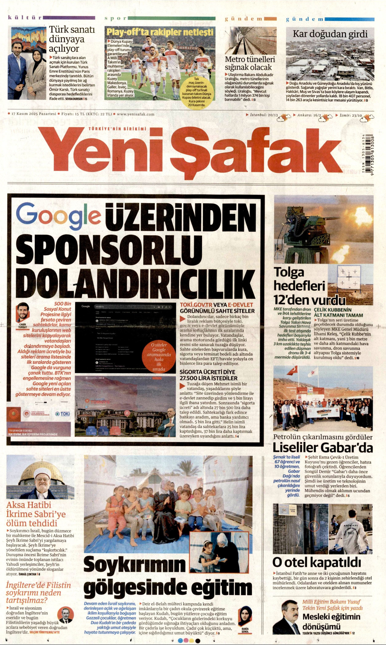 YENİ ŞAFAK gazetesinin 17 Kasım 2025 tarihli birinci sayfası