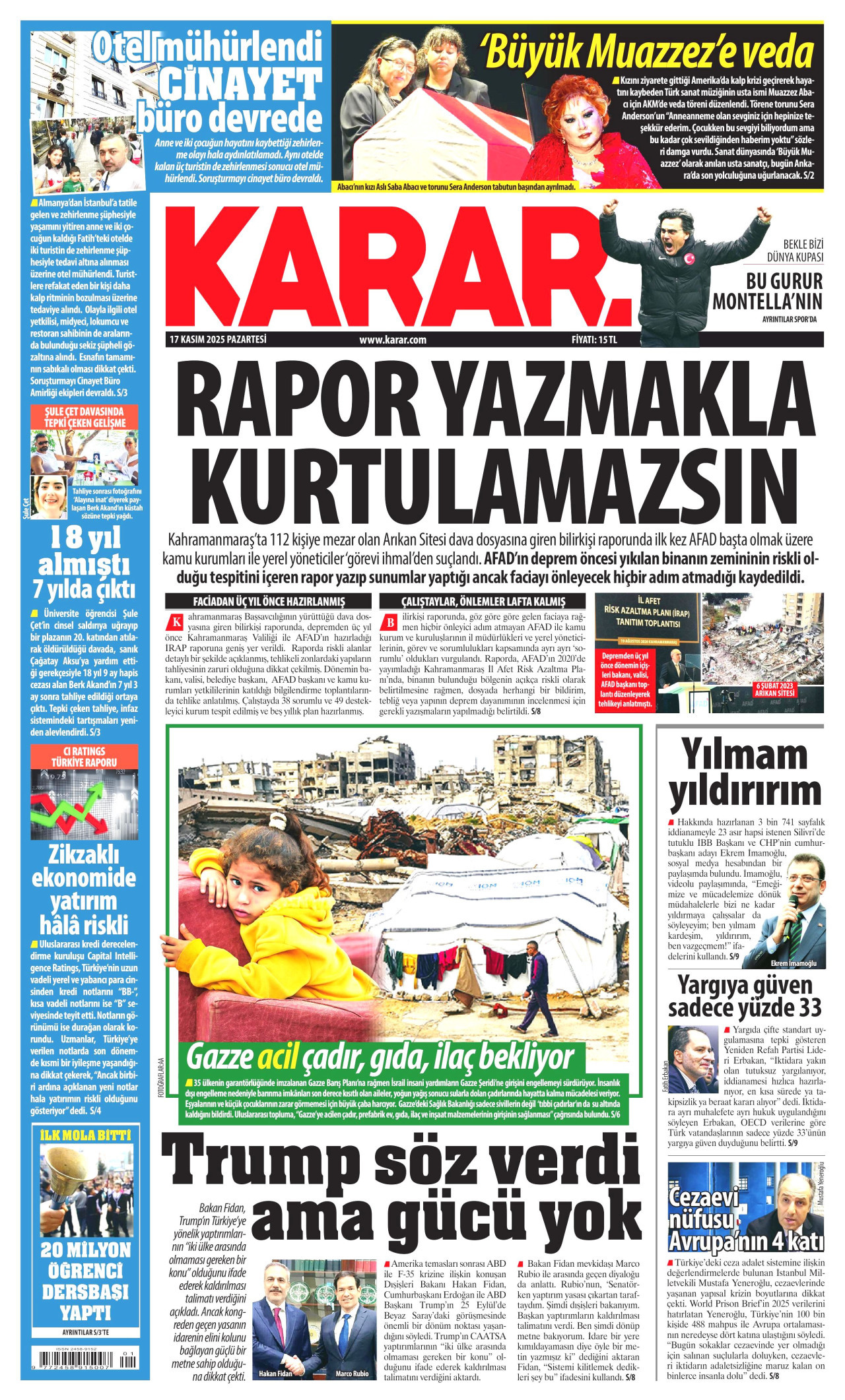 KARAR gazetesinin 17 Kasım 2025 tarihli birinci sayfası