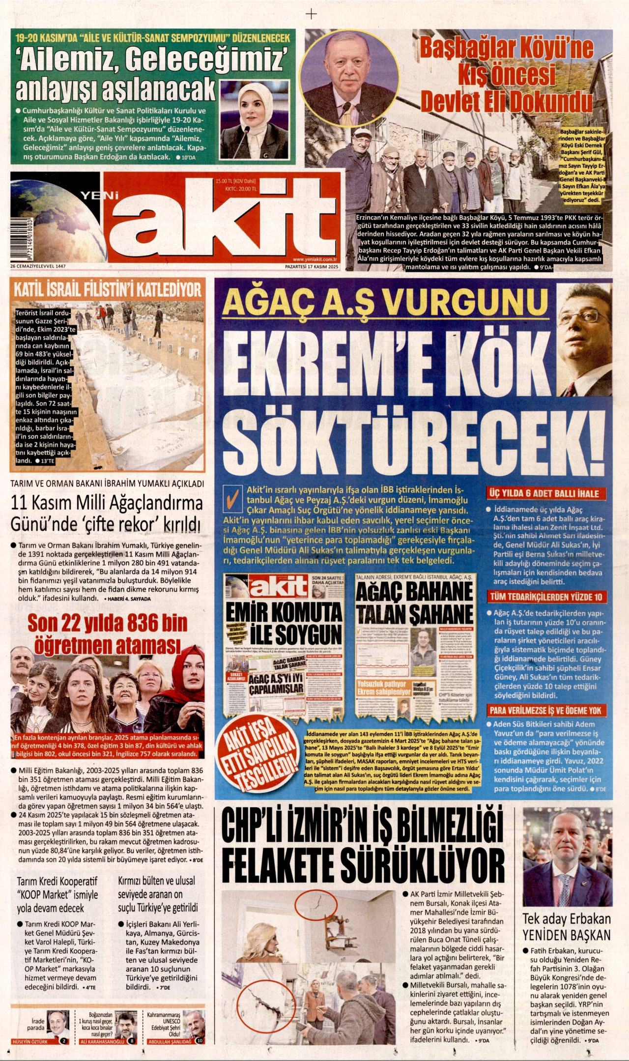 YENİ AKİT gazetesinin 17 Kasım 2025 tarihli birinci sayfası