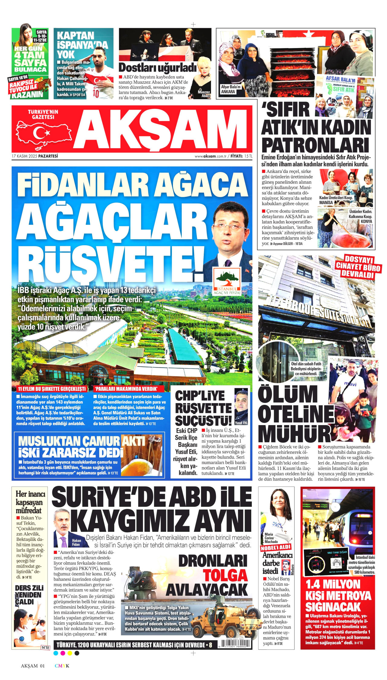 AKŞAM gazetesinin 17 Kasım 2025 tarihli birinci sayfası