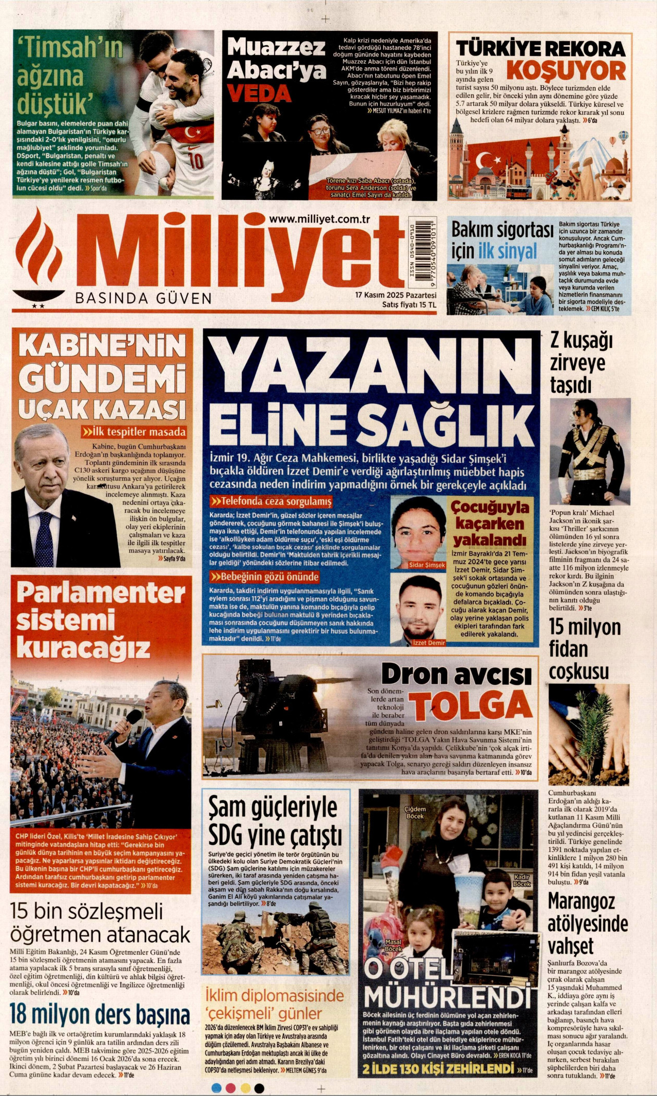 MİLLİYET gazetesinin 17 Kasım 2025 tarihli birinci sayfası