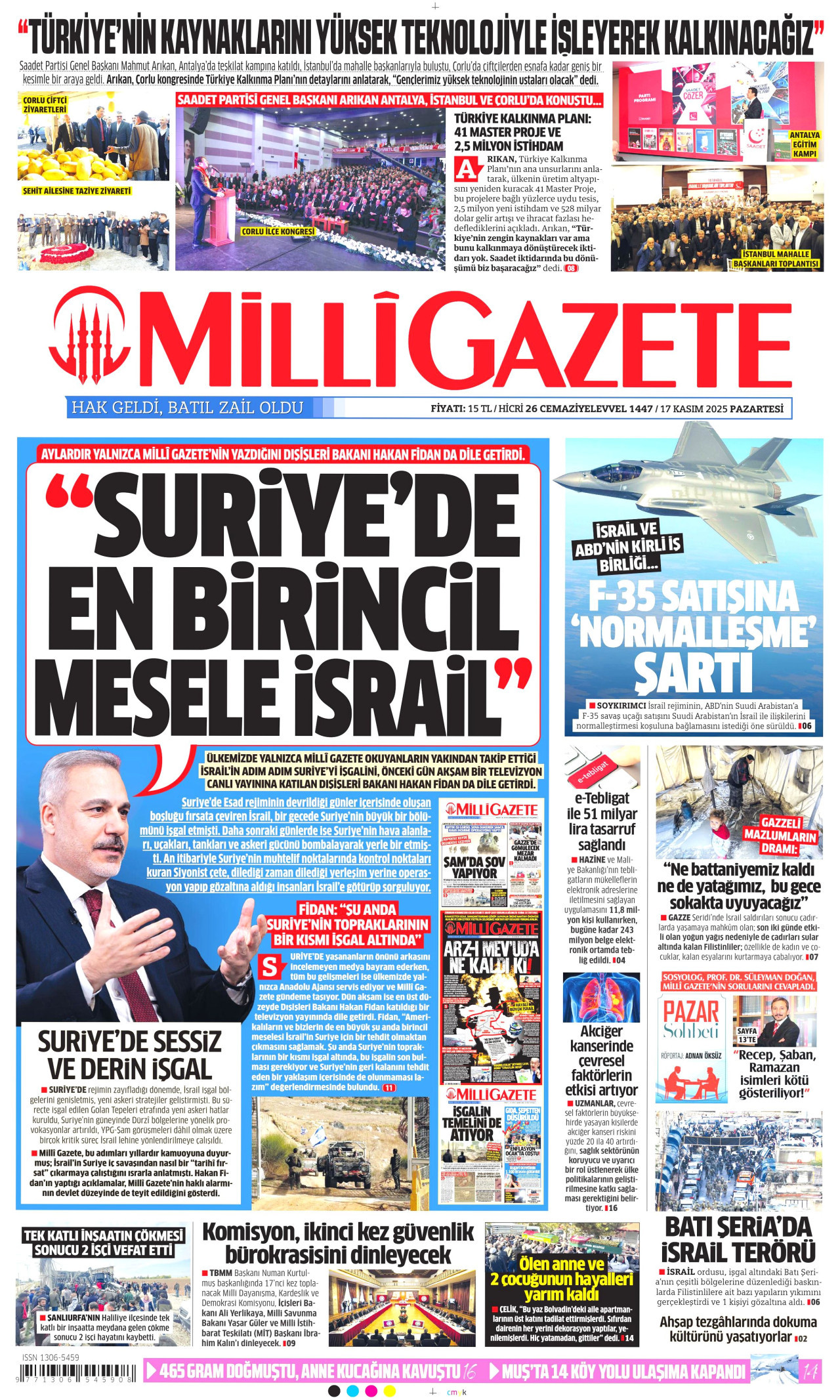 MİLLİ GAZETE gazetesinin 17 Kasım 2025 tarihli birinci sayfası