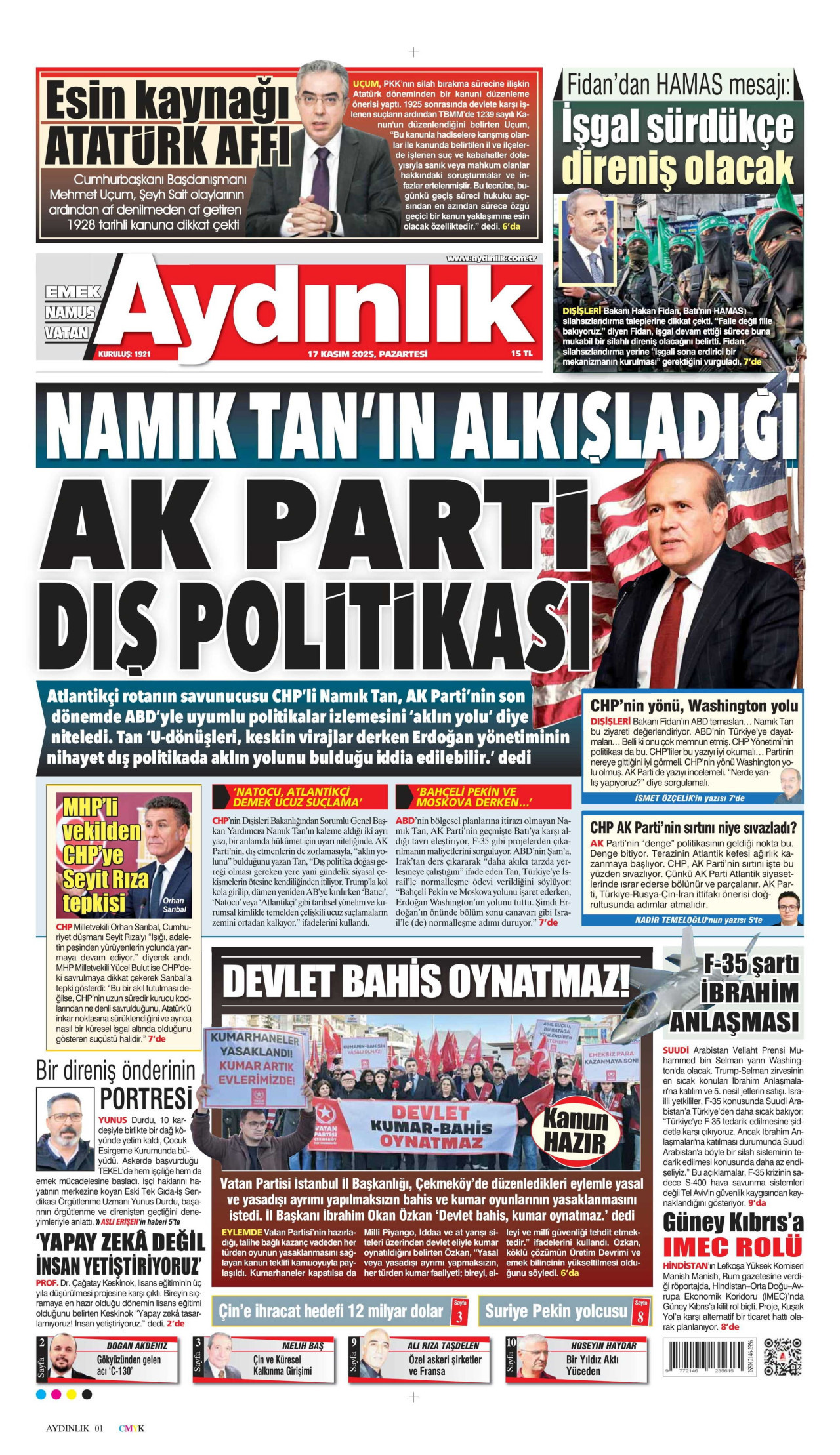 AYDINLIK GAZETESİ gazetesinin 17 Kasım 2025 tarihli birinci sayfası