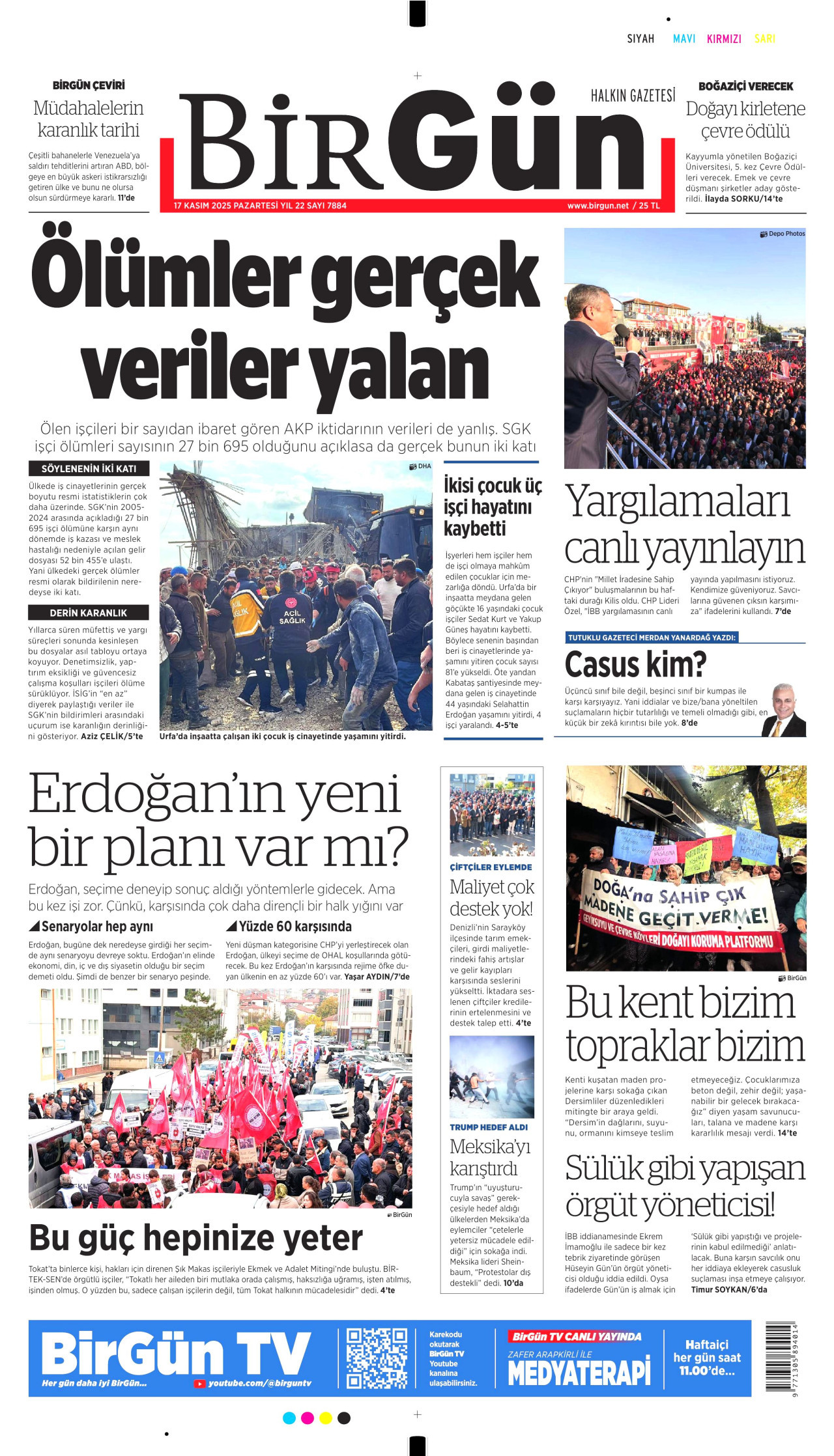 BİRGÜN gazetesinin 17 Kasım 2025 tarihli birinci sayfası