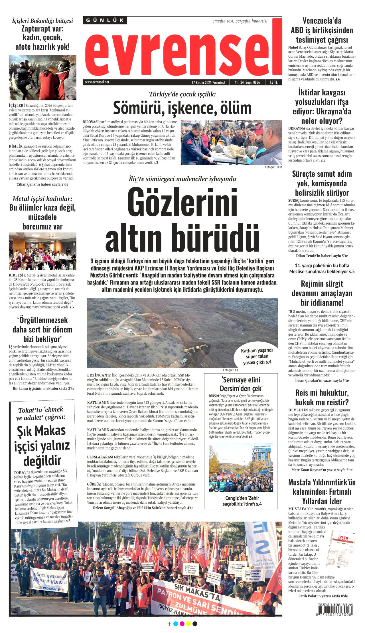 EVRENSEL gazetesinin 17 Kasım 2025 tarihli birinci sayfası