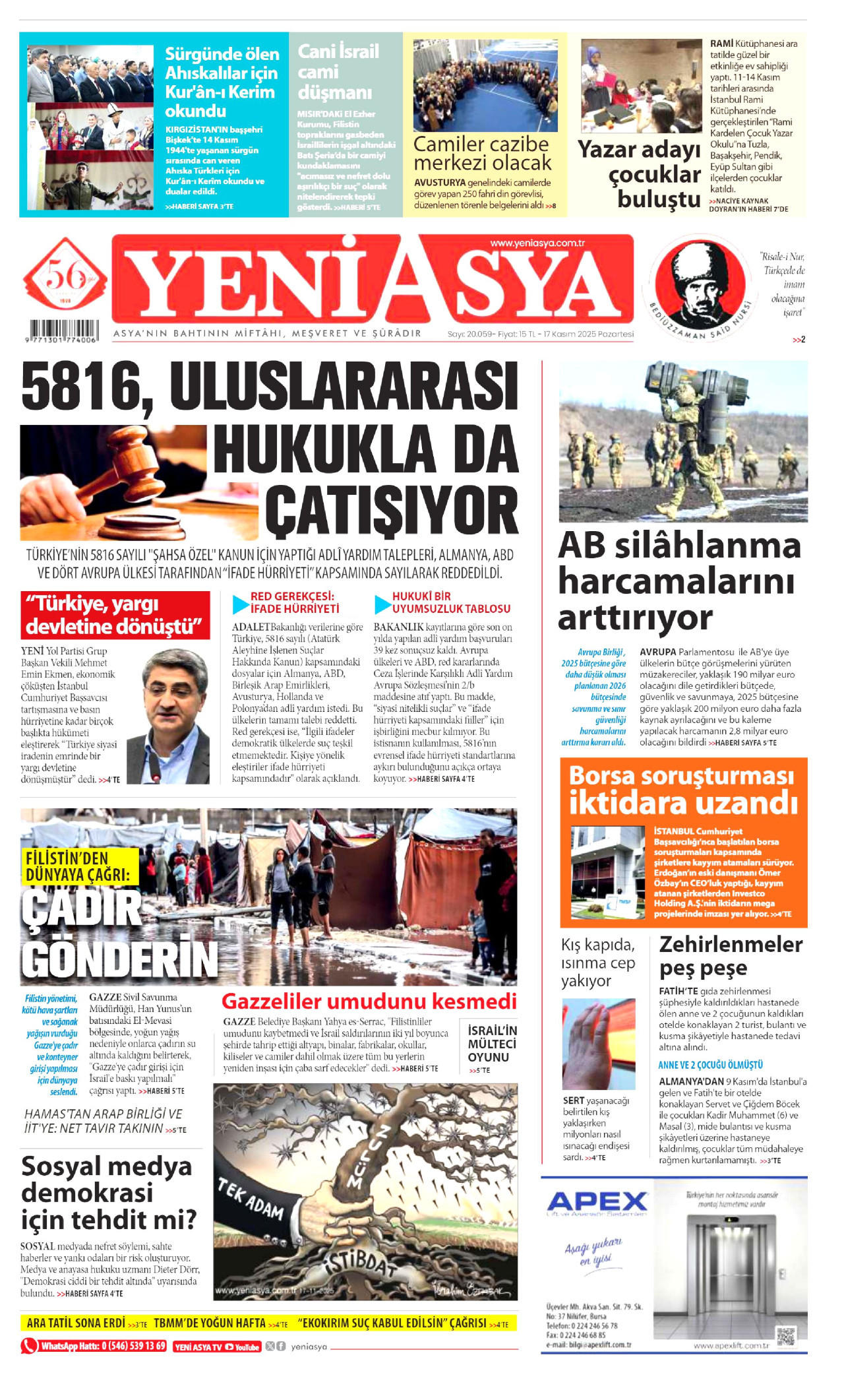 YENİ ASYA gazetesinin 17 Kasım 2025 tarihli birinci sayfası