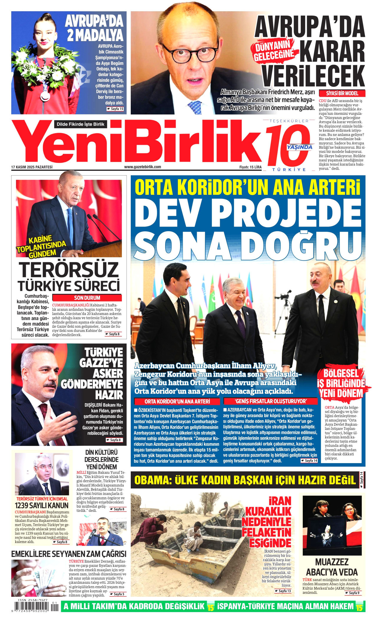 YENİBİRLİK gazetesinin 17 Kasım 2025 tarihli birinci sayfası