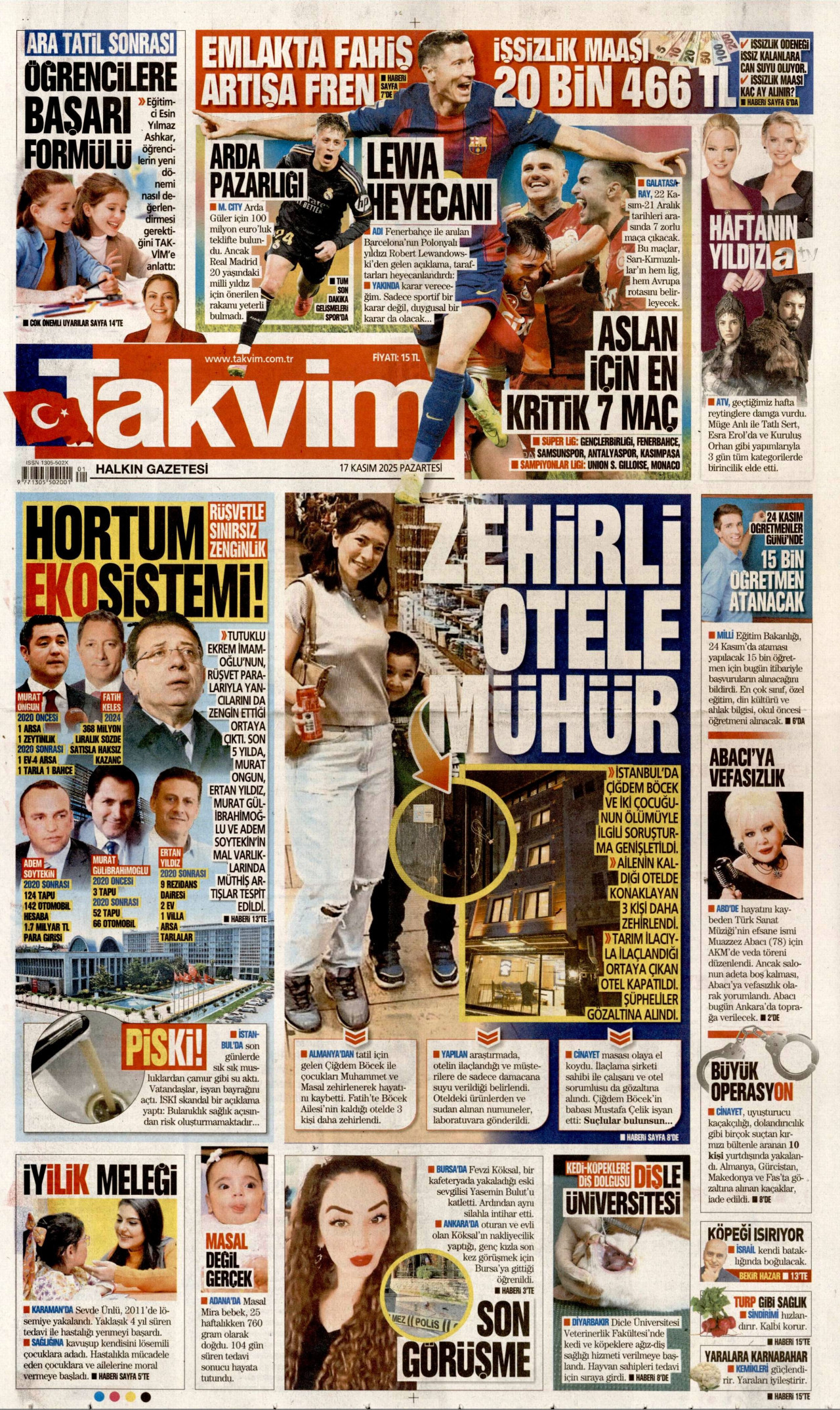 TAKVİM gazetesinin 17 Kasım 2025 tarihli birinci sayfası