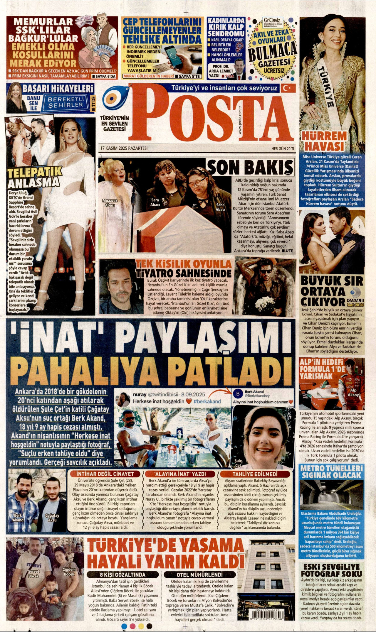 POSTA gazetesinin 17 Kasım 2025 tarihli birinci sayfası