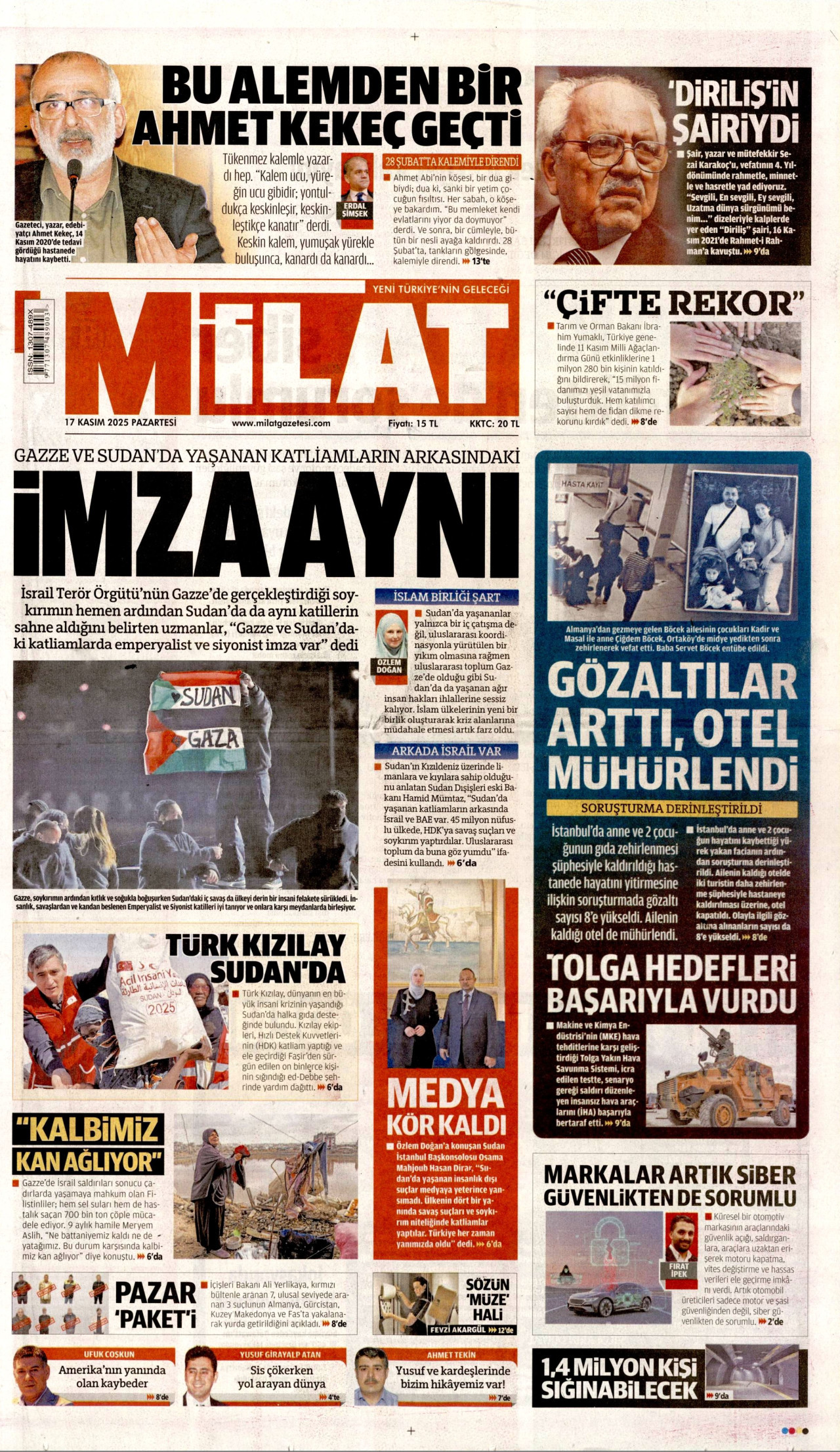 MİLAT gazetesinin 17 Kasım 2025 tarihli birinci sayfası