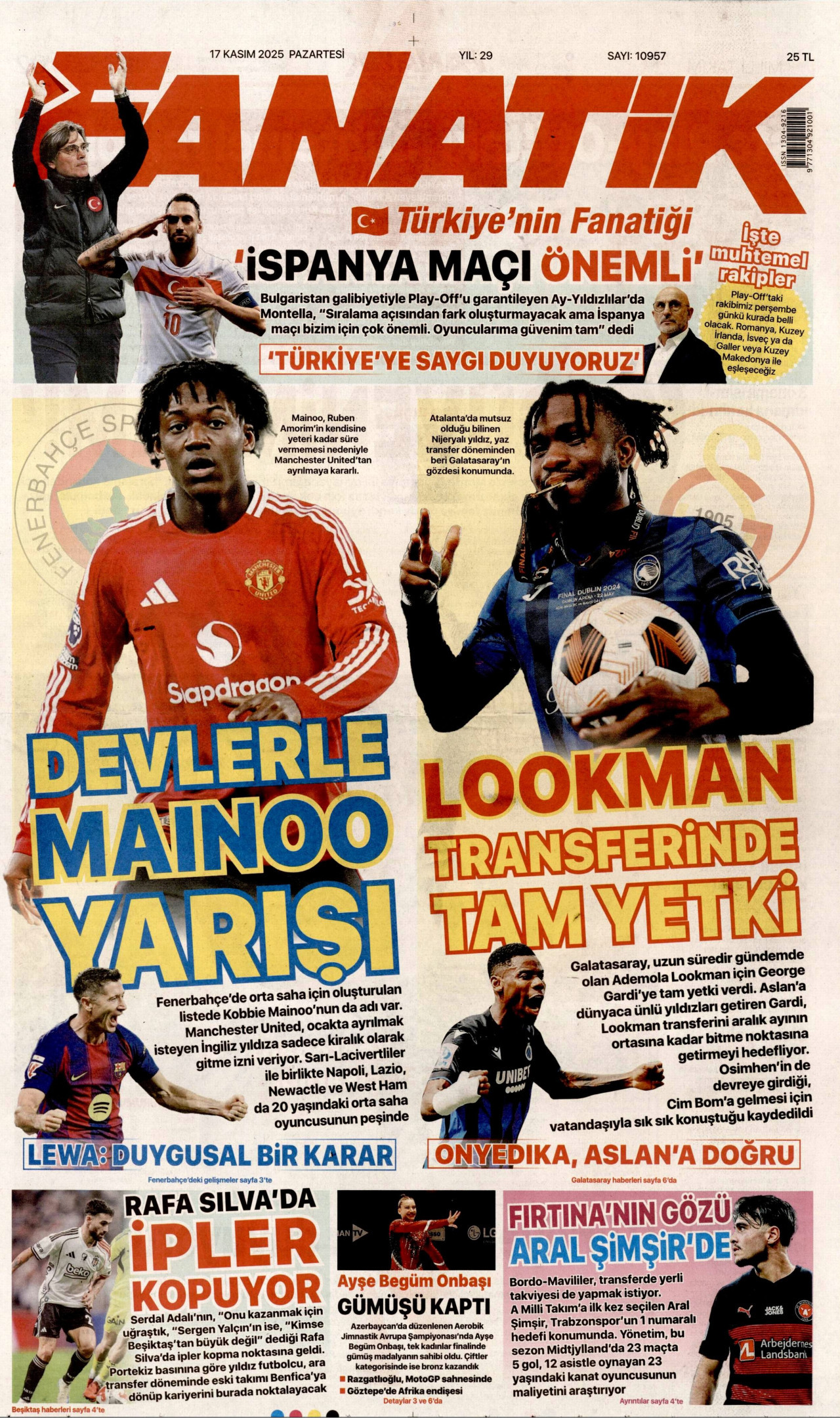FANATİK gazetesinin 17 Kasım 2025 tarihli birinci sayfası