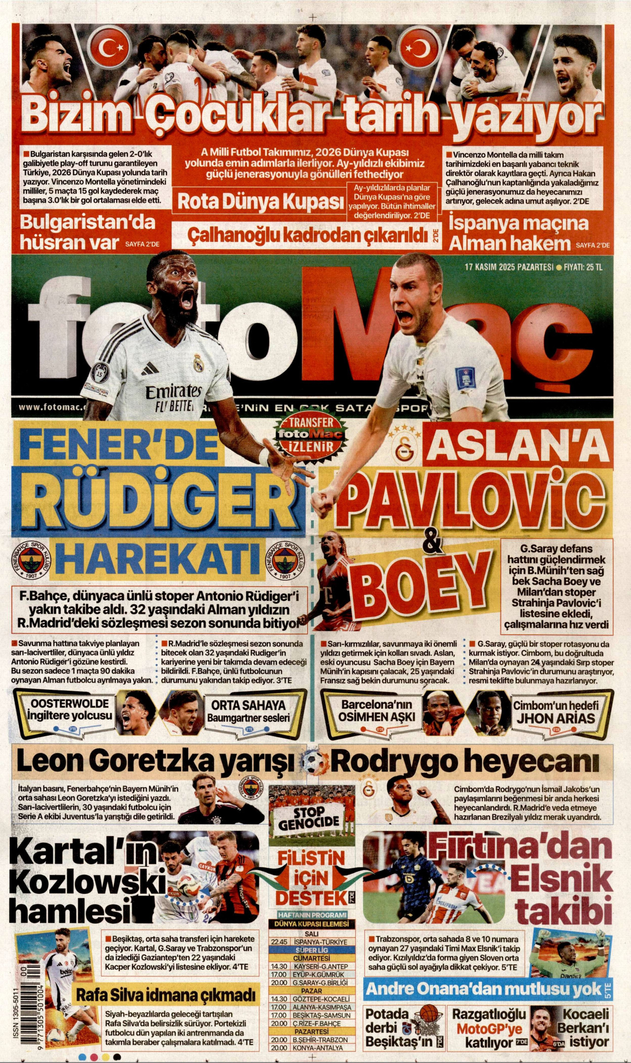 FOTOMAÇ gazetesinin 17 Kasım 2025 tarihli birinci sayfası