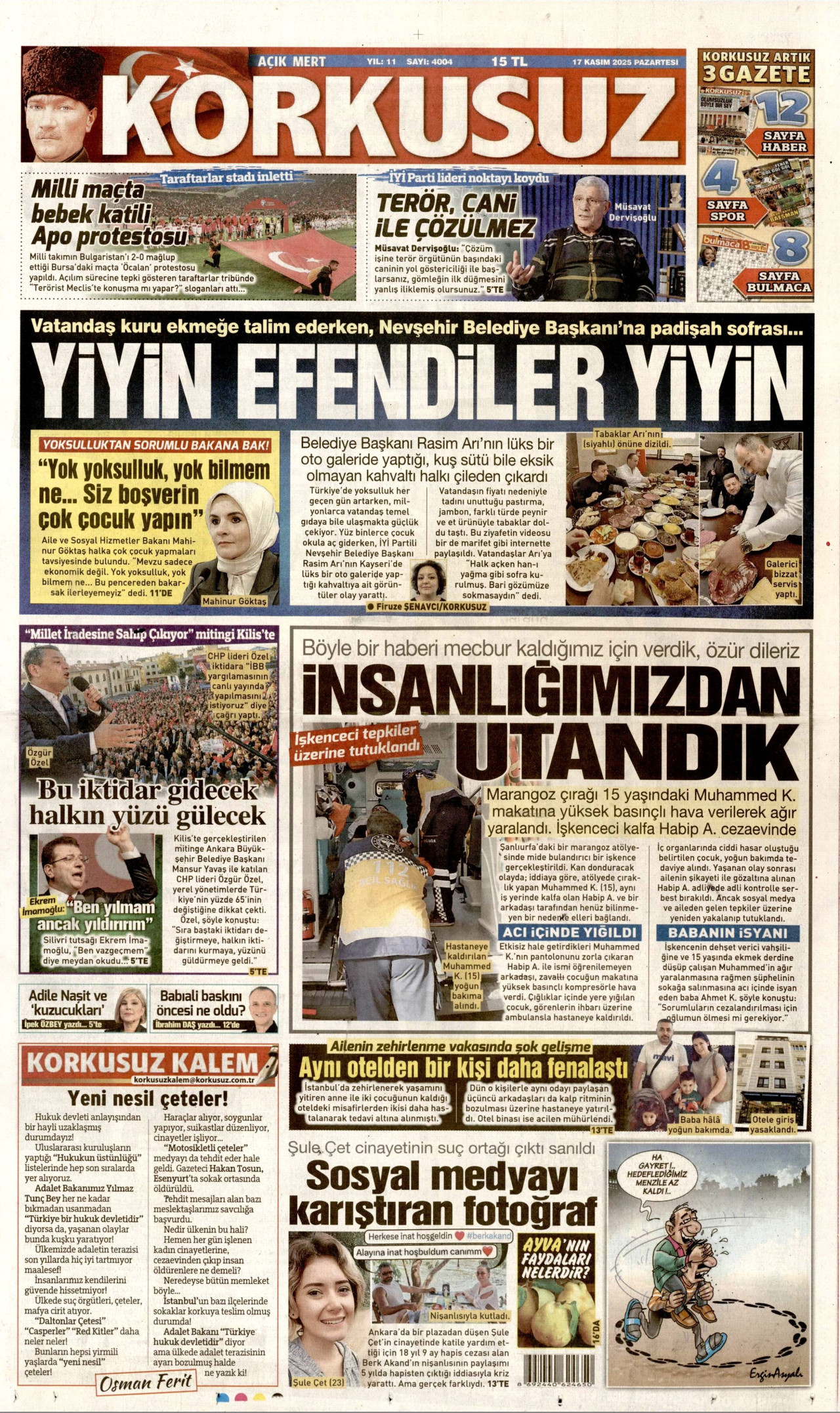 KORKUSUZ gazetesinin 17 Kasım 2025 tarihli birinci sayfası