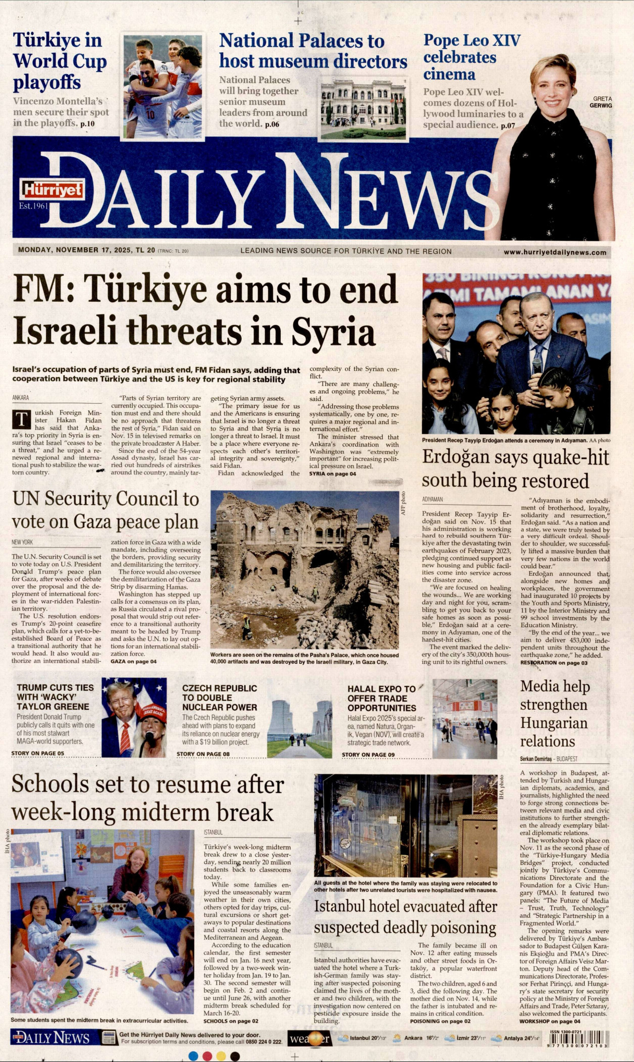 HÜRRİYET DAİLY NEWS gazetesinin 17 Kasım 2025 tarihli birinci sayfası