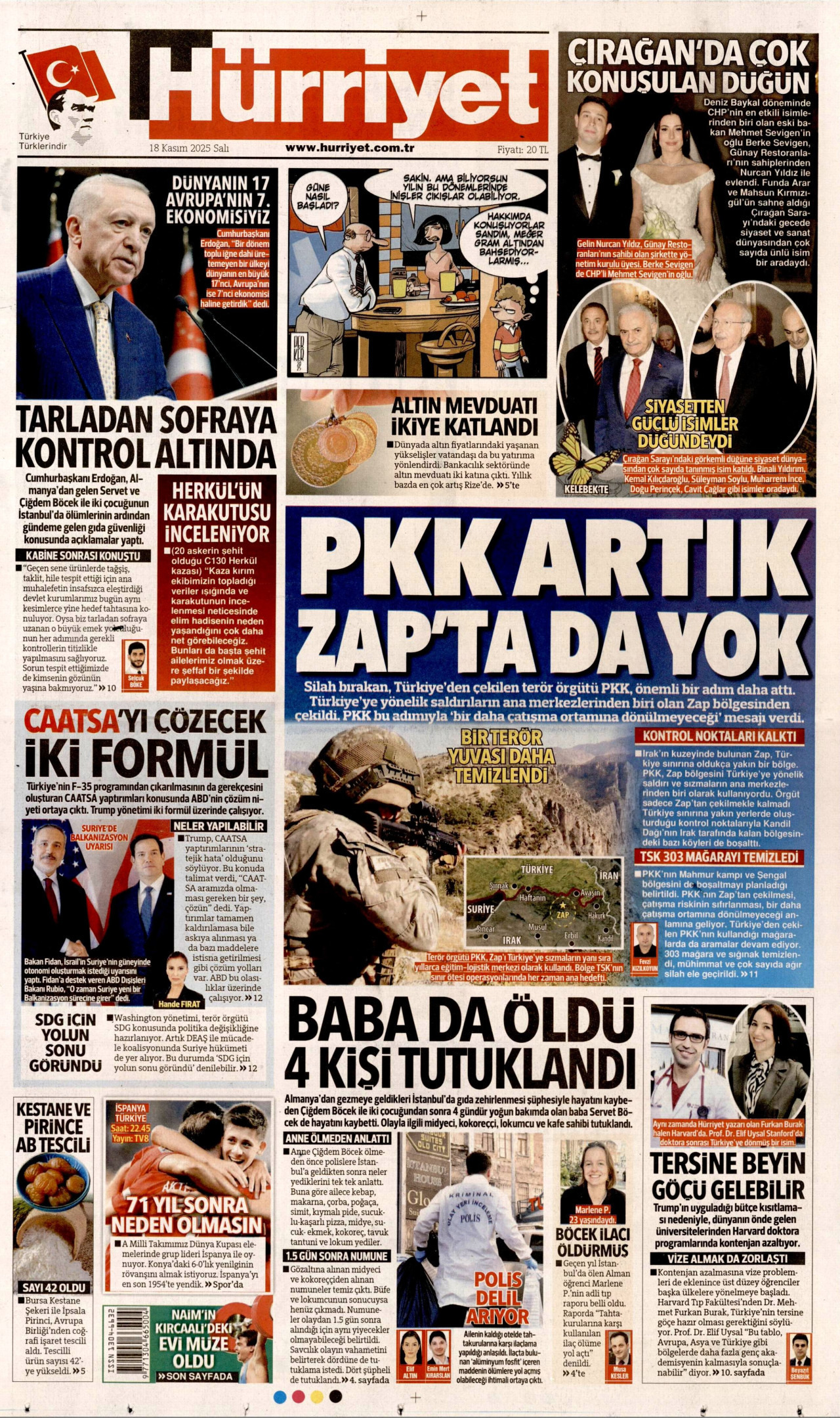 HÜRRİYET gazetesinin 18 Kasım 2025 tarihli birinci sayfası