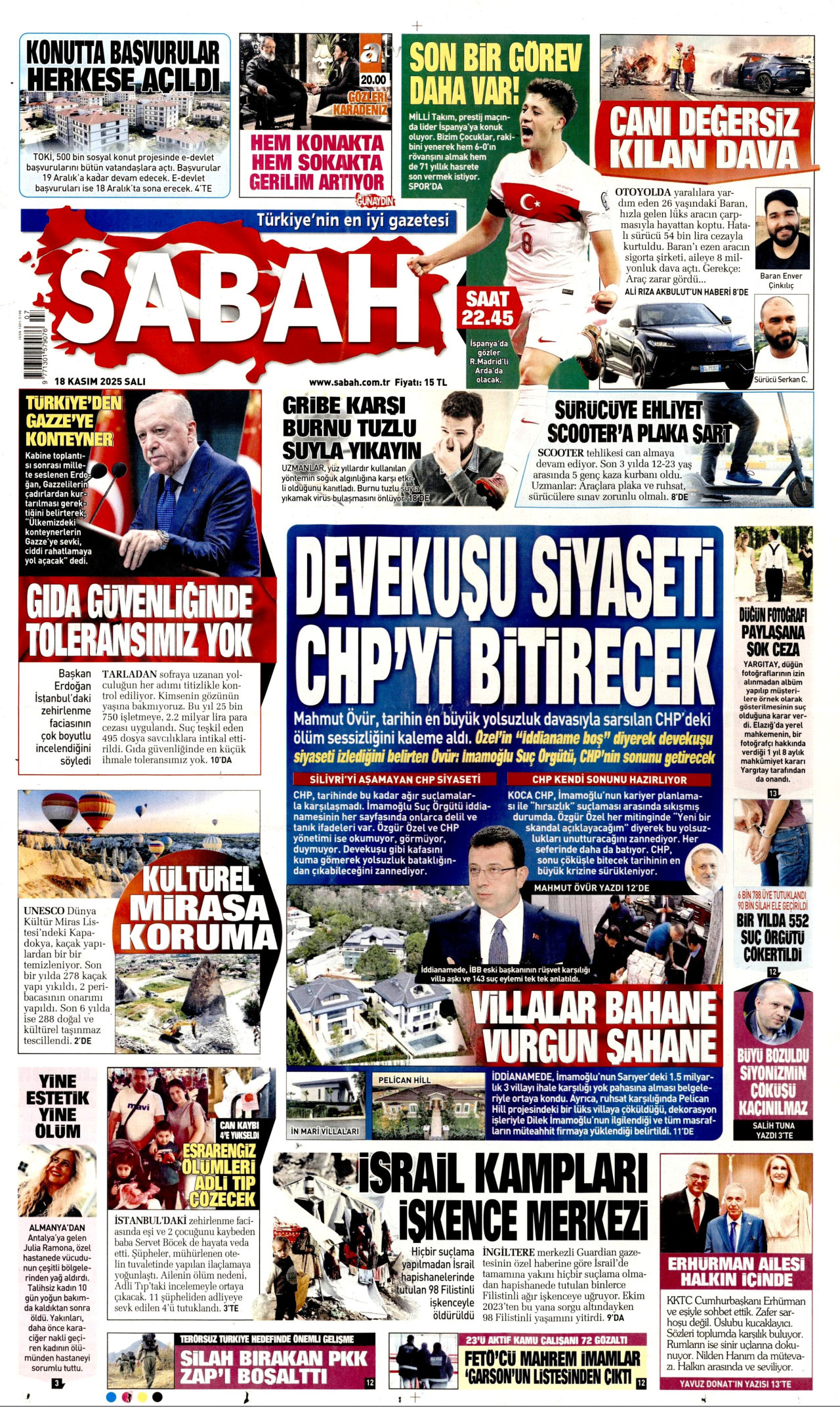 SABAH gazetesinin 18 Kasım 2025 tarihli birinci sayfası